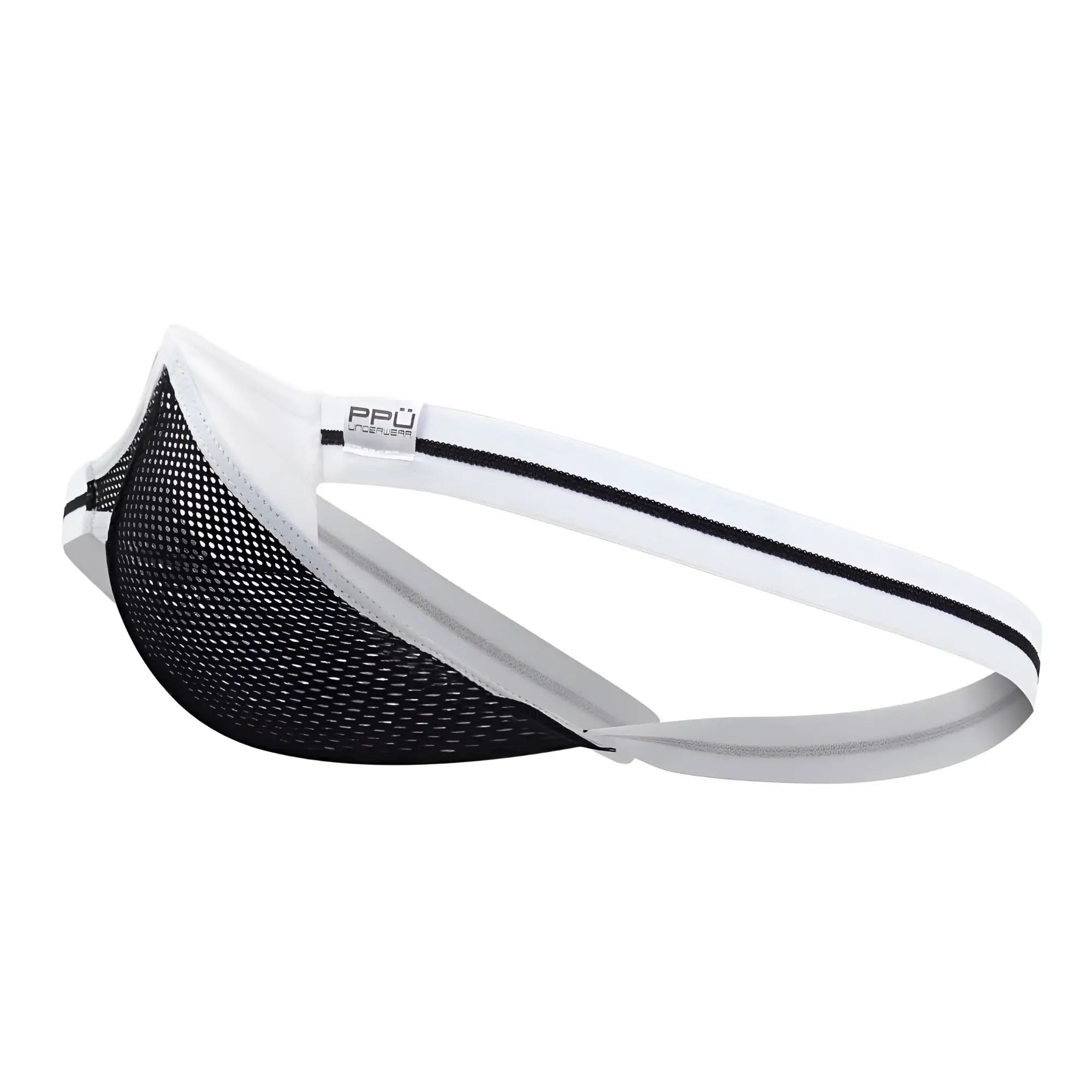 Ppü 2306 thong in white mesh with white elastic waistband gray inner lining and small ppü brand tag visible