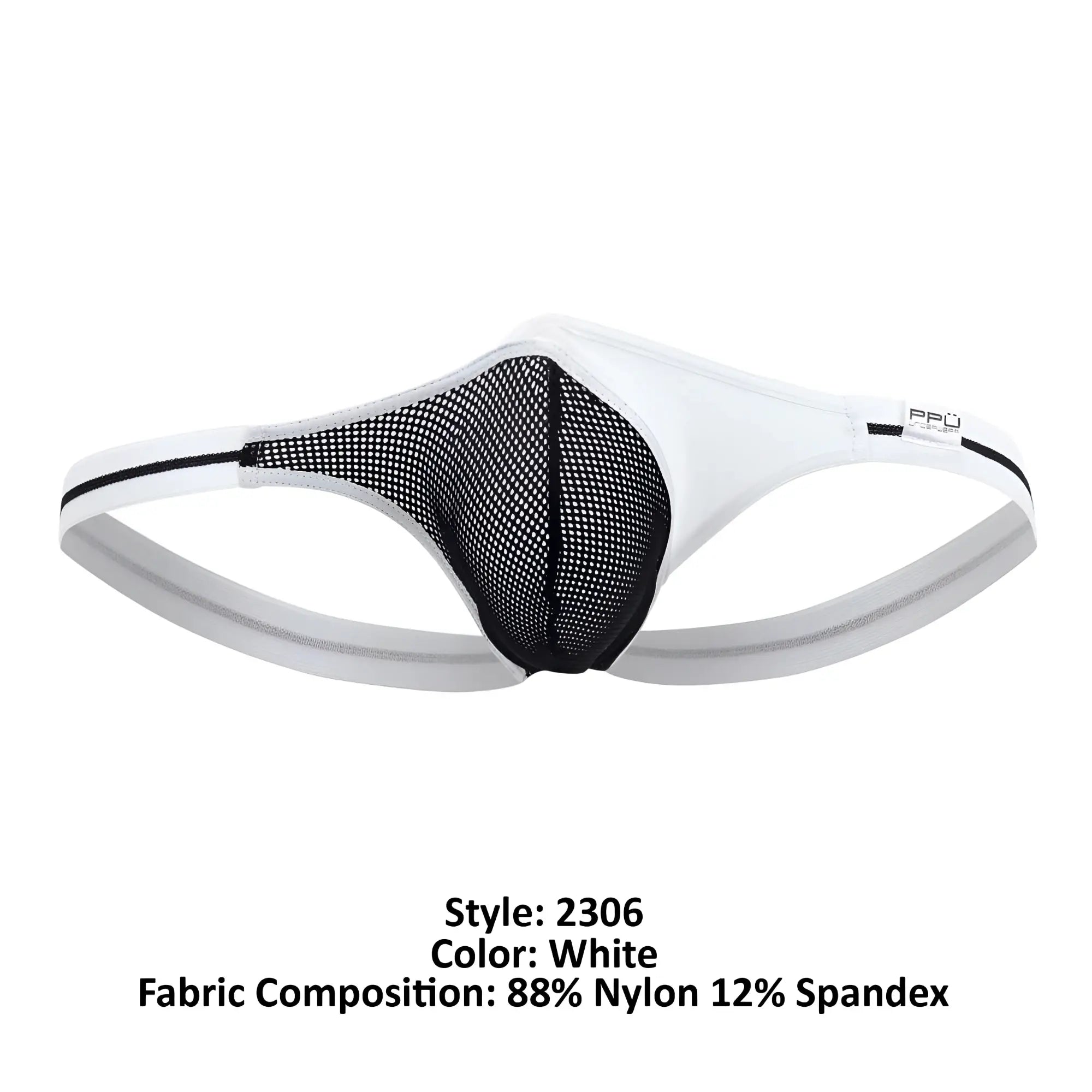 White men’s thong with black mesh panel and gray elastic waistband featuring ppu brand logo in white color