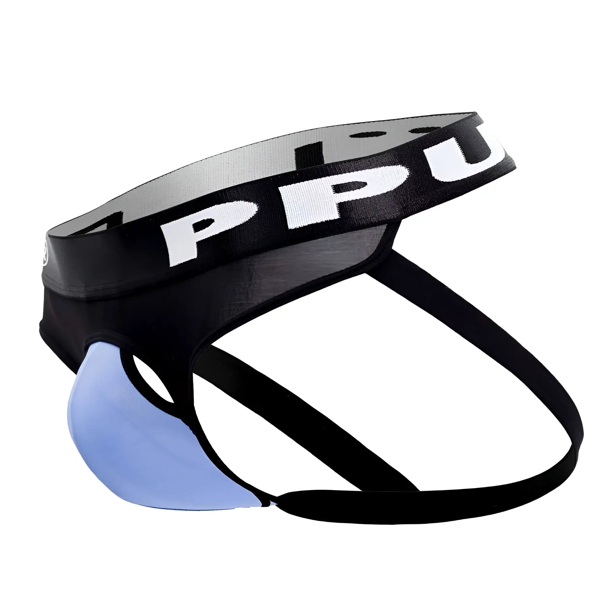 Ppu 2307 ball lifter jockstrap in black and light blue with bold white ppu logo waistband for athletic support