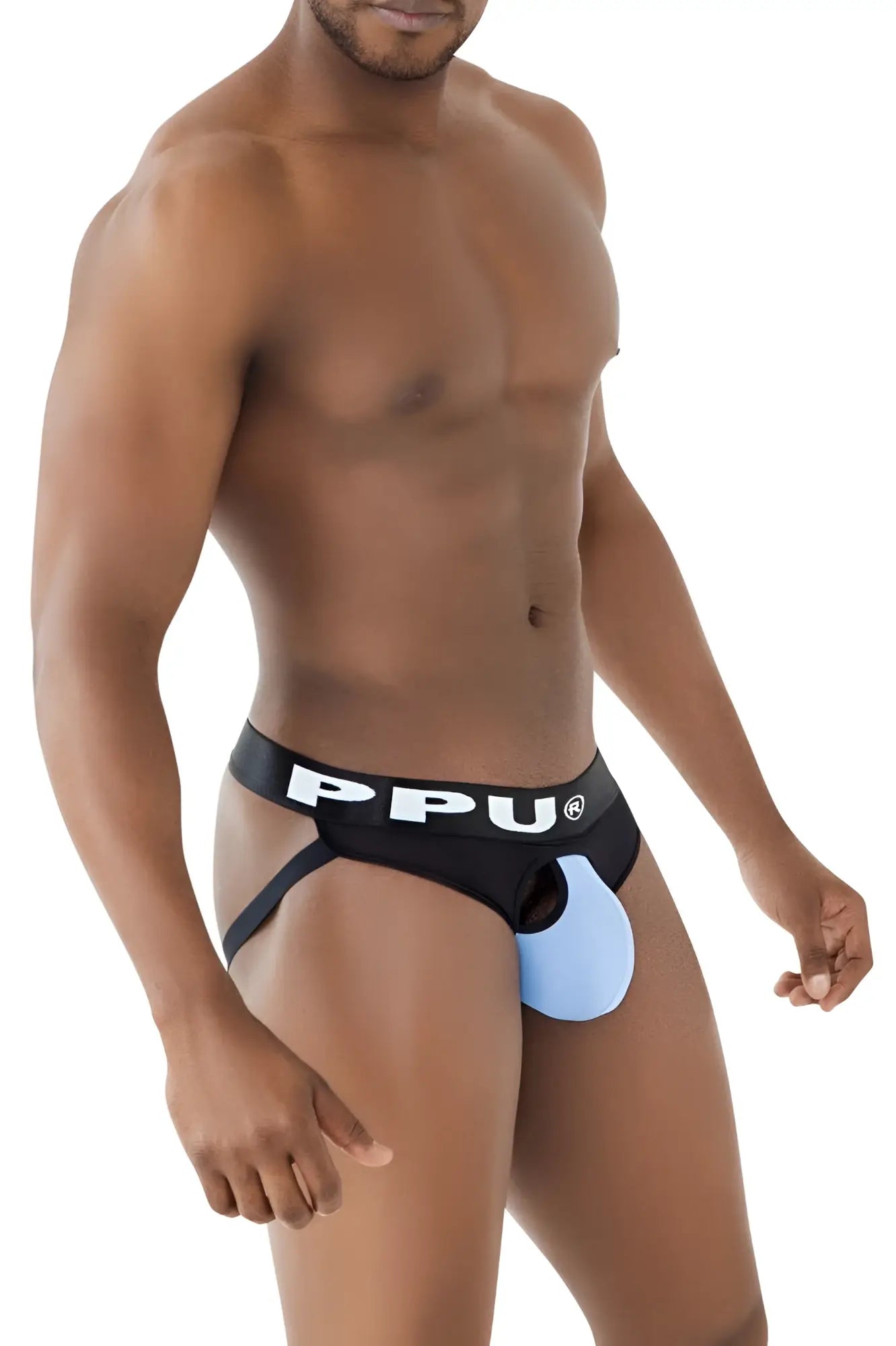 Ppu 2307 ball lifter jockstrap in black and light blue with distinctive cutout design for enhanced support