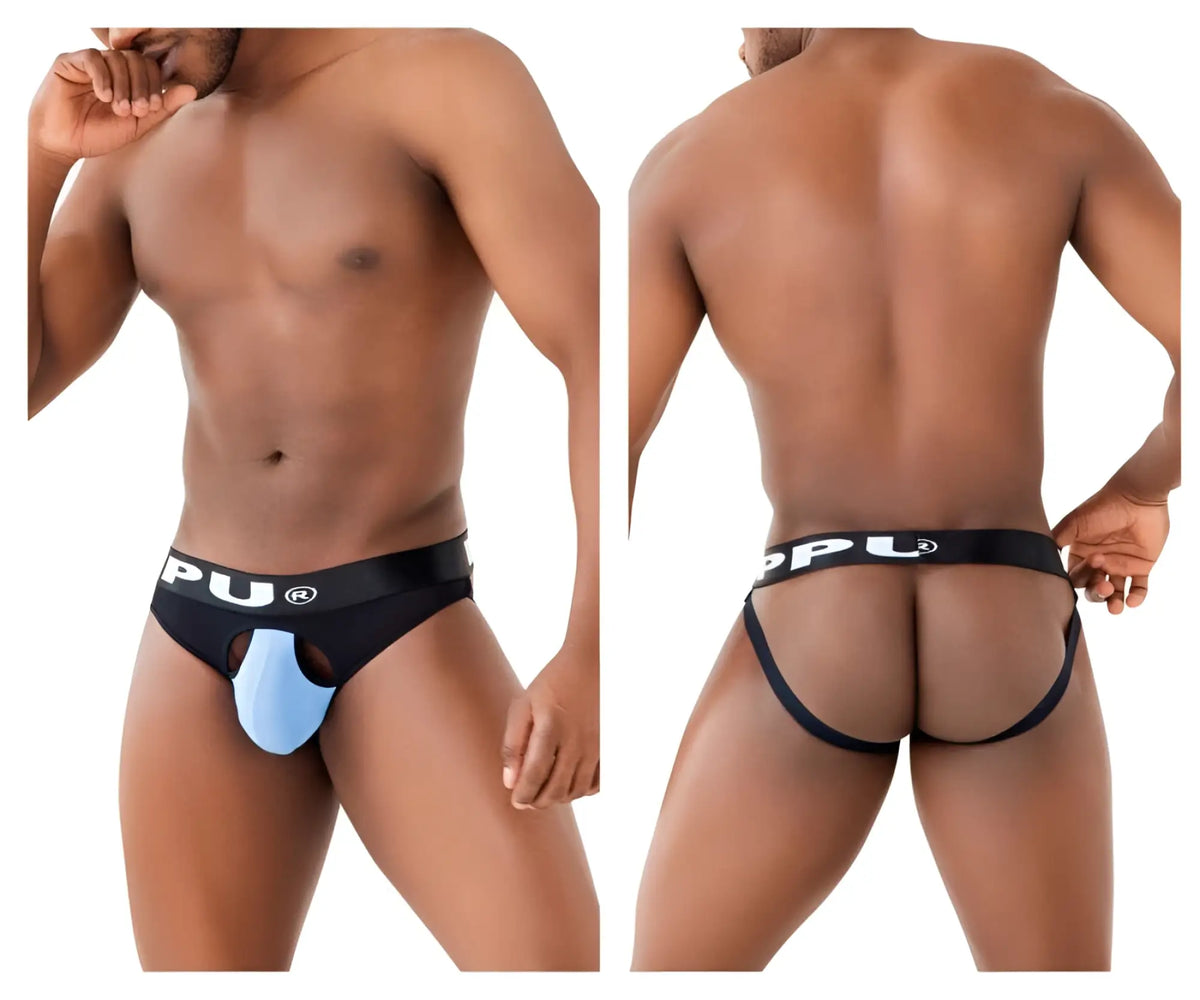 Black and light blue pu ball lifter jockstrap with supportive contoured design ppu 2307 color blue