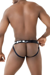Black mesh ball lifter jockstrap in blue with bold white ppu logo on waistband