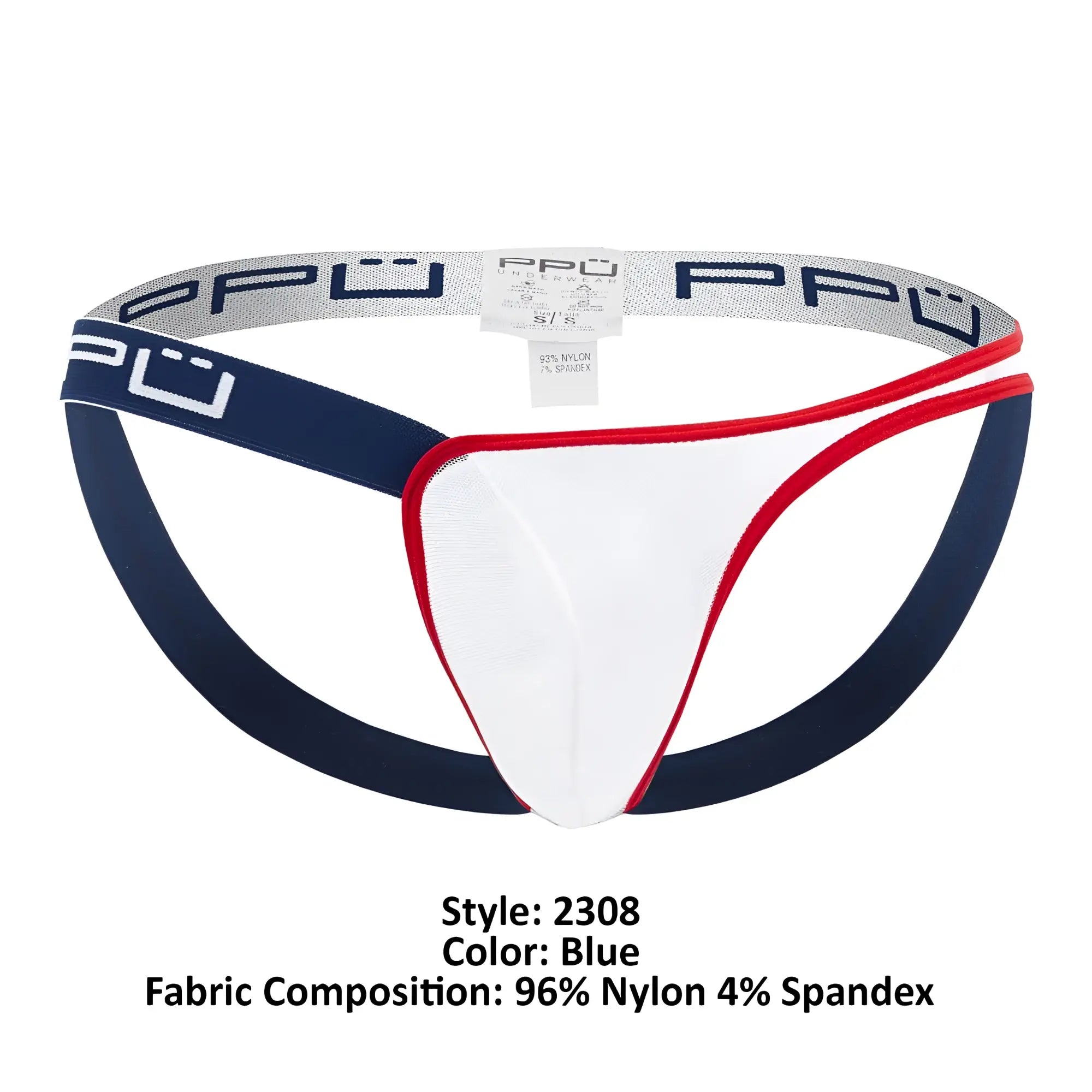 Blue and white athletic briefs with red trim featuring a branded elastic waistband ppu 2308 one side mesh jockstrap