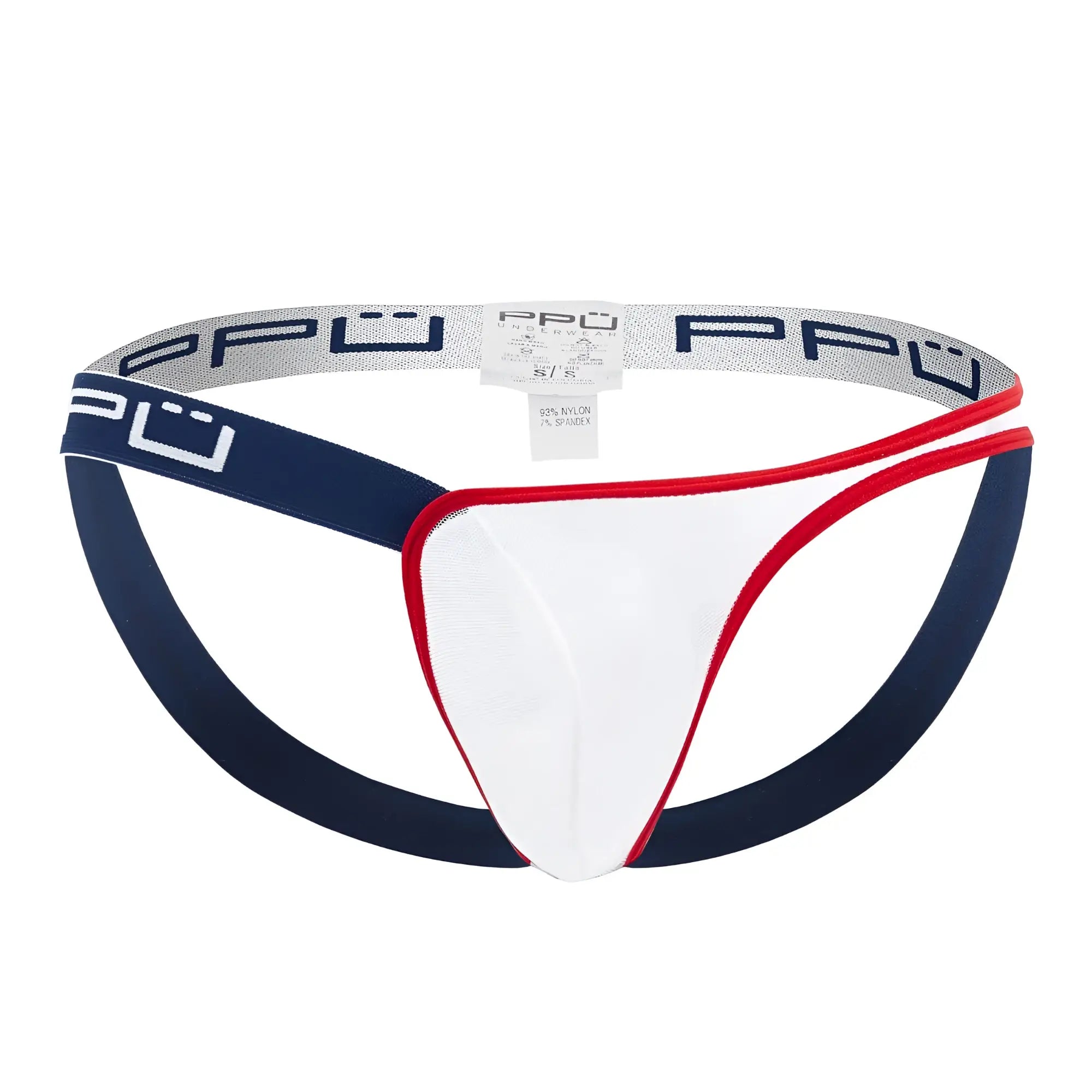 Men’s white navy blue and red briefs with branded elastic waistband and one side mesh jockstrap in blue color