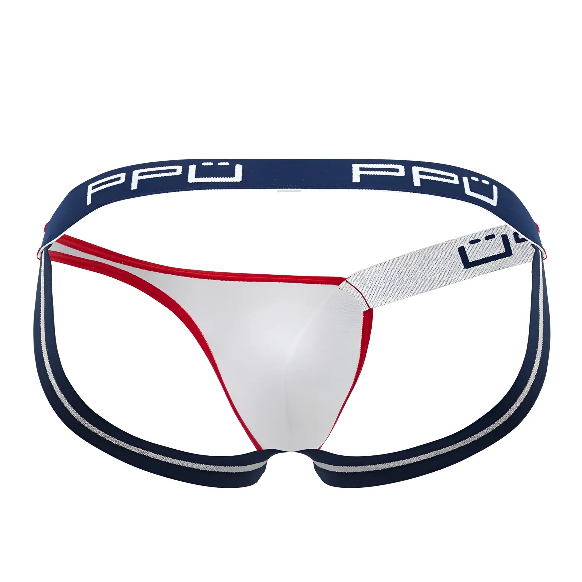 Ppu 2308 one side mesh jockstrap in white red and navy blue with textured waistband front view