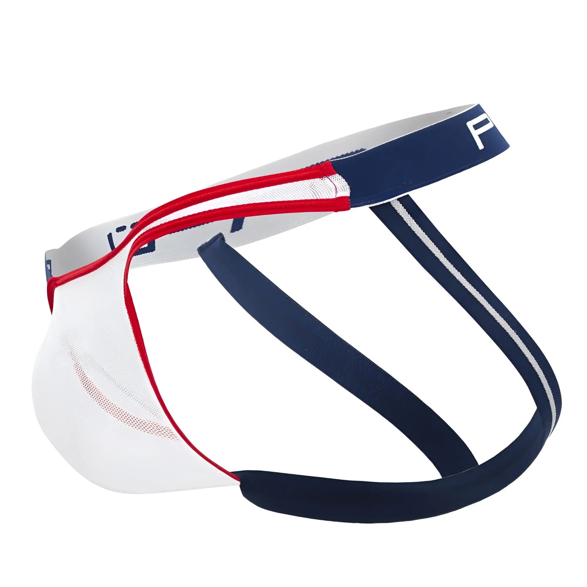 White red and navy blue men’s athletic briefs with mesh panels and striped elastic bands ppu 2308 one side mesh jockstrap color blue