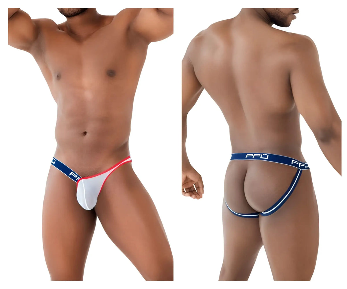White and red thong with blue elastic waistband and ppu branding mesh jockstrap front in blue color