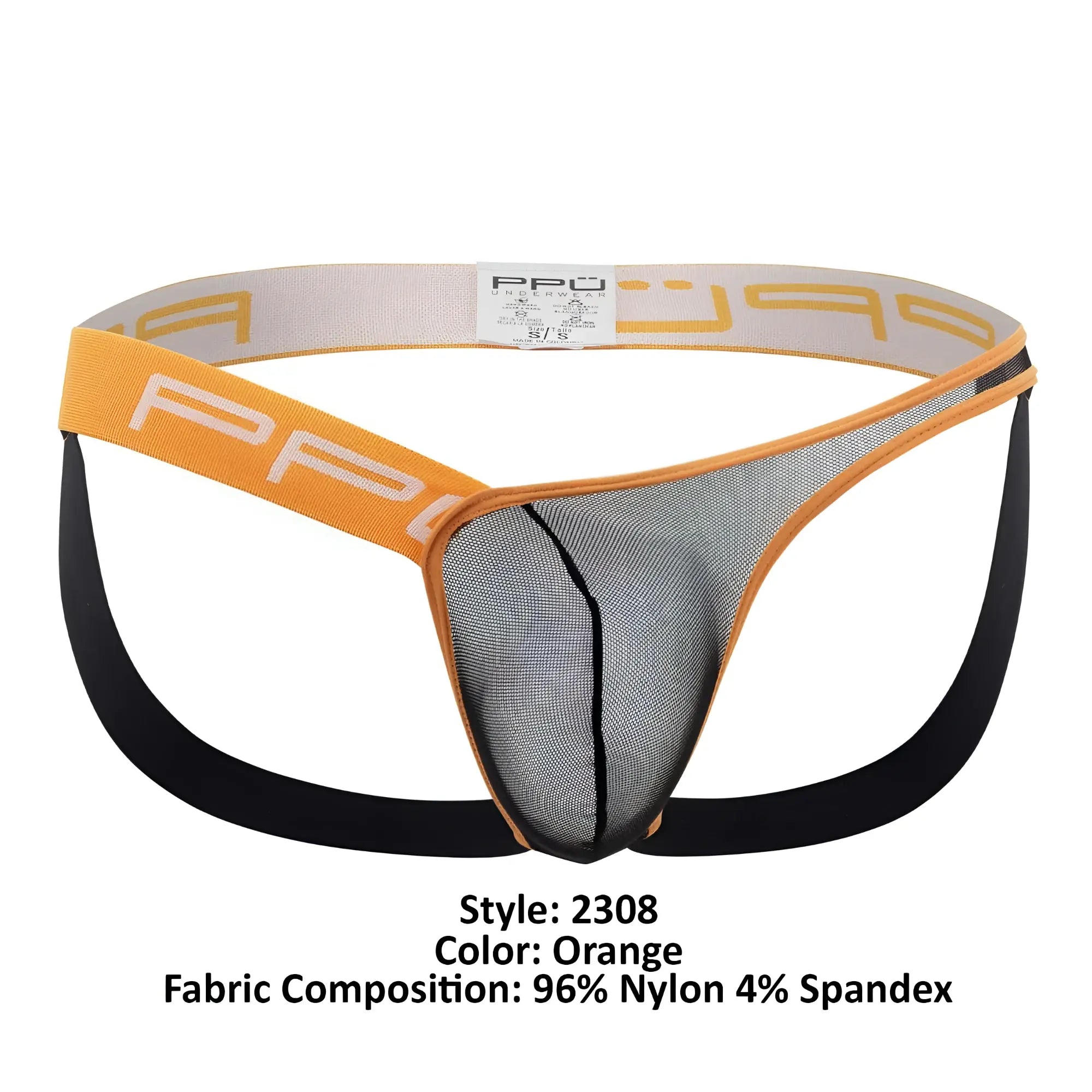 Orange and black mesh athletic briefs with a branded waistband in the front from PPU 2308 one side mesh jockstrap collection