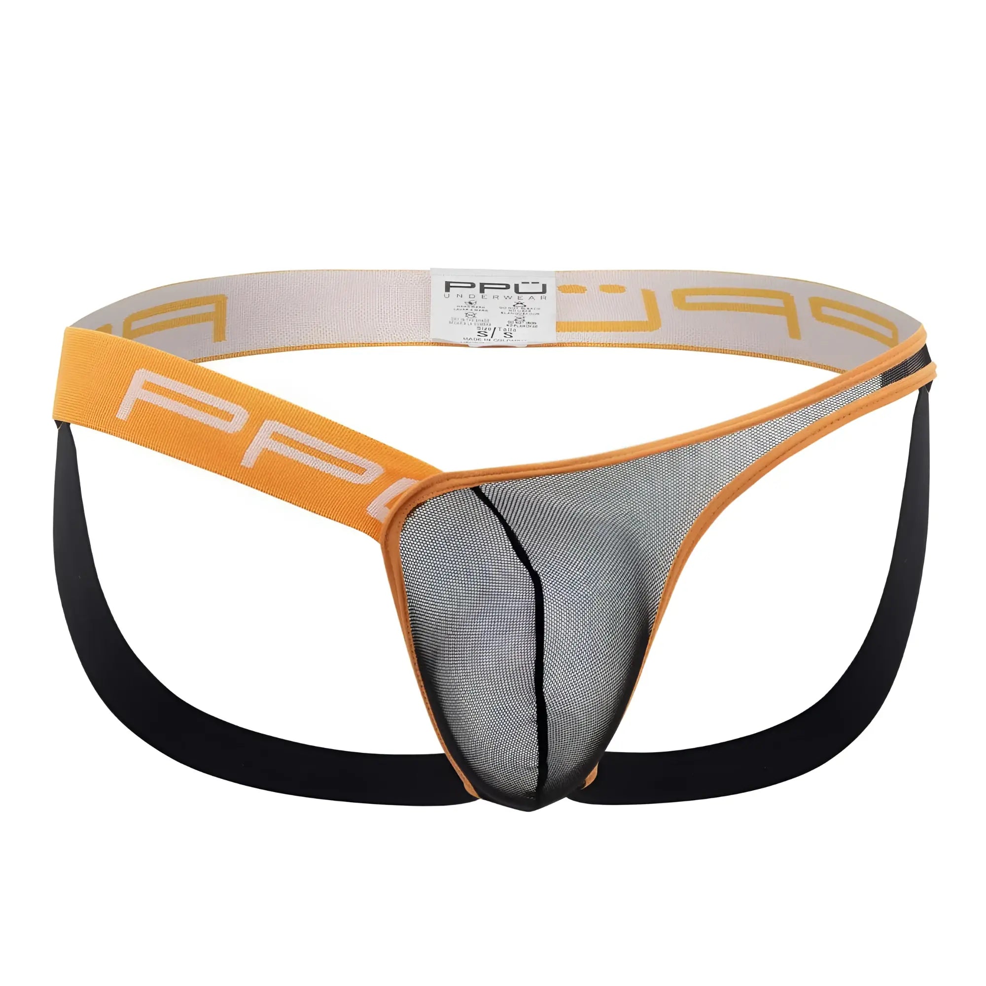 Orange and black one side mesh jockstrap with branded elastic waistband ppu 2308 in a close-up view