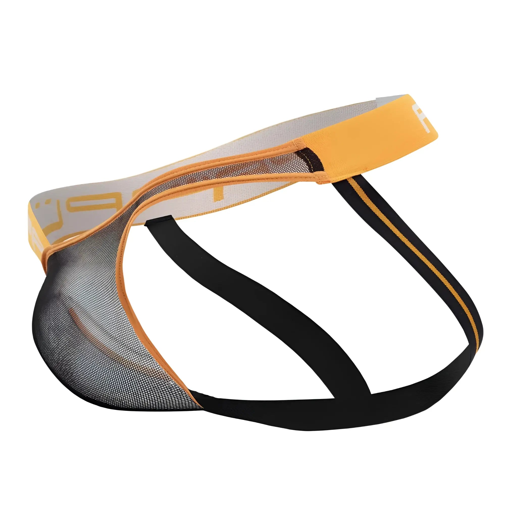 Ppu 2308 one side mesh jockstrap in black and orange featuring a supportive design and breathable mesh material