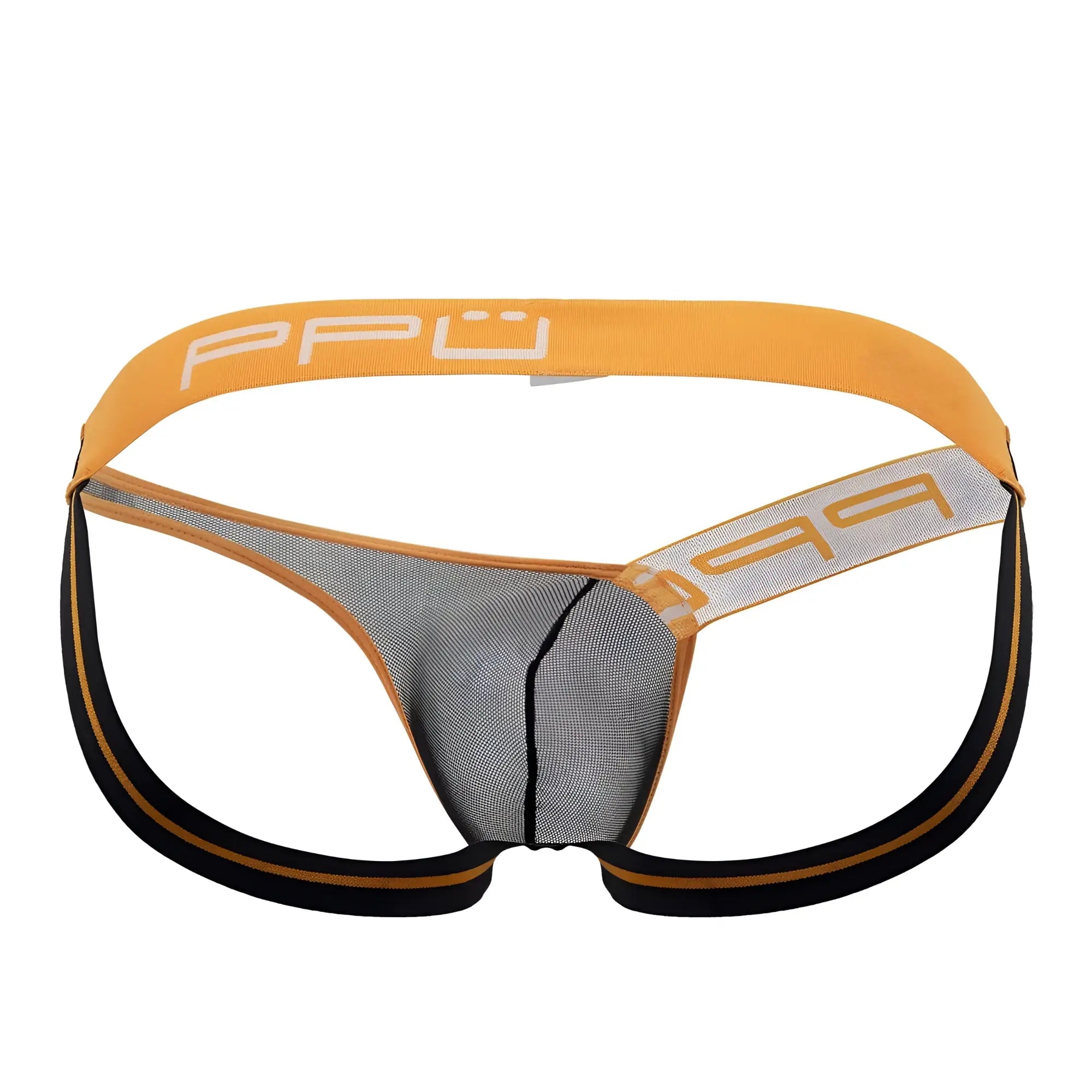 Orange and black one side mesh jockstrap briefs with white ppu logo on waistband made from breathable mesh material