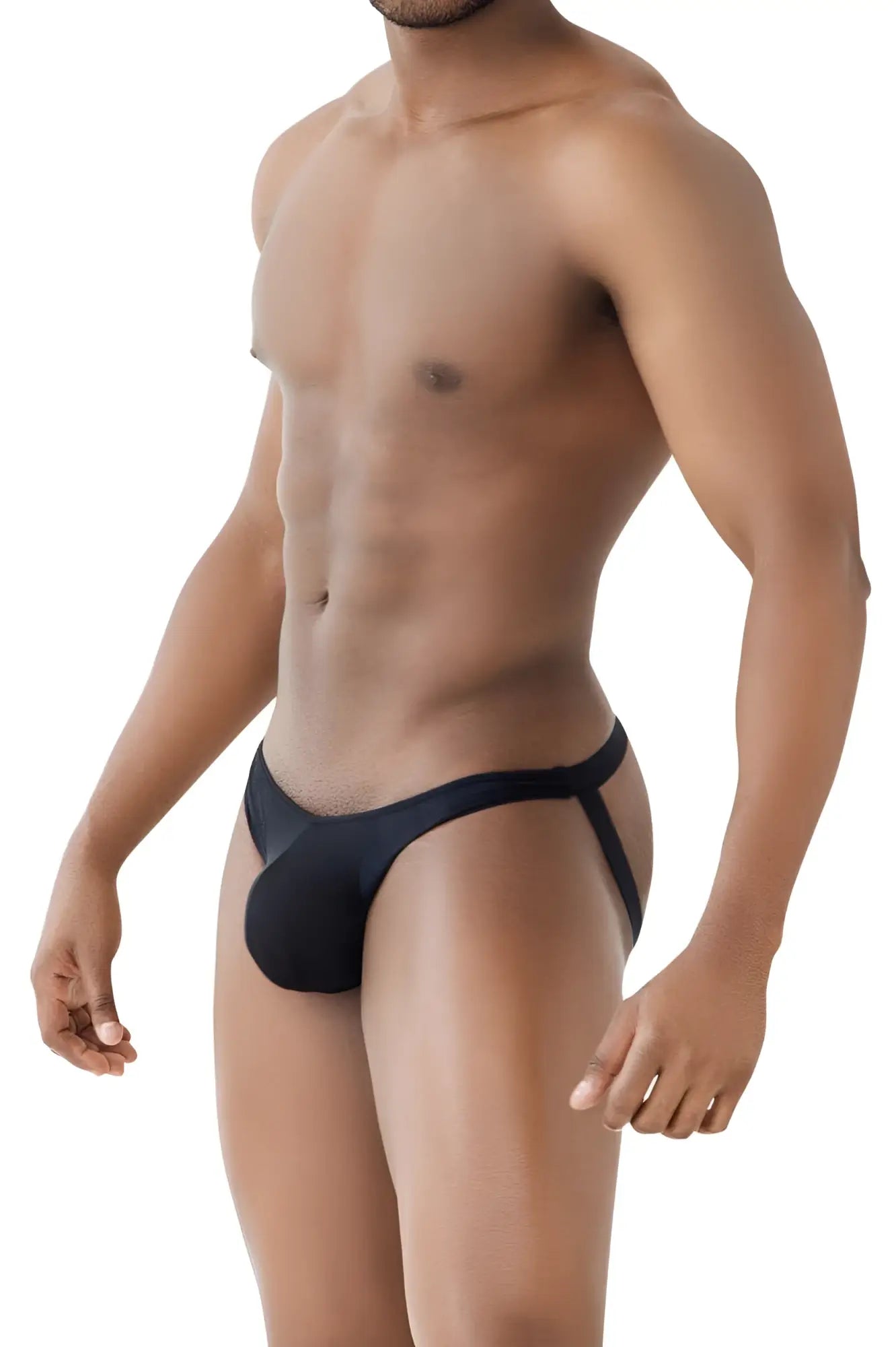 Black microfiber men’s thong PPU 2309 with supportive side strap design in a form-fitting jockstrap style