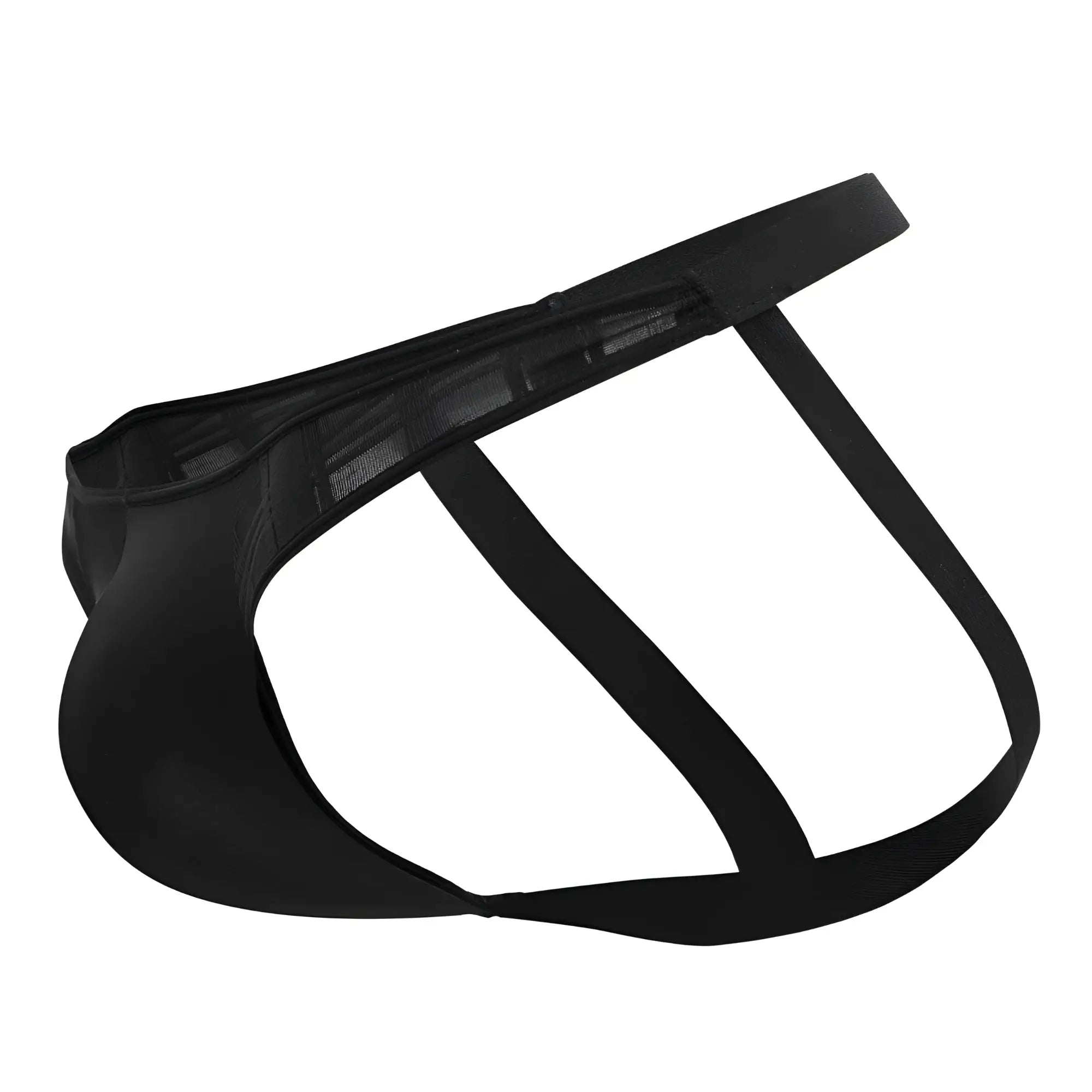 Black microfiber jockstrap with mesh briefs, solid black waistband, and supportive straps in ppu 2309 design