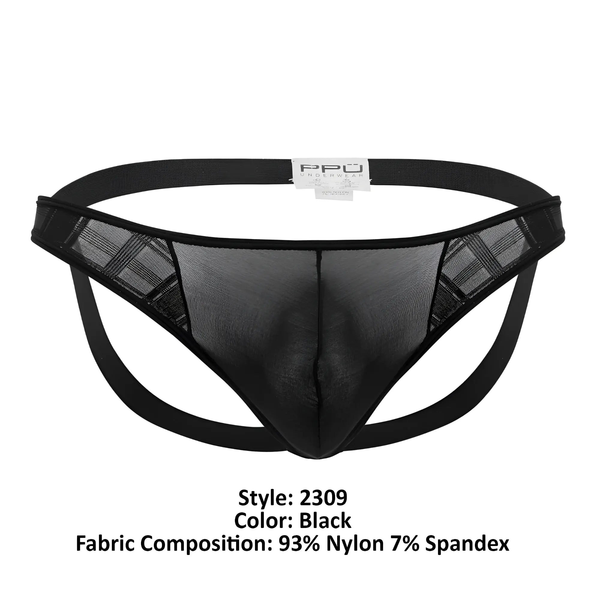 Black mesh thong microfiber jockstrap with solid black elastic waistband and plaid sheer fabric in color black