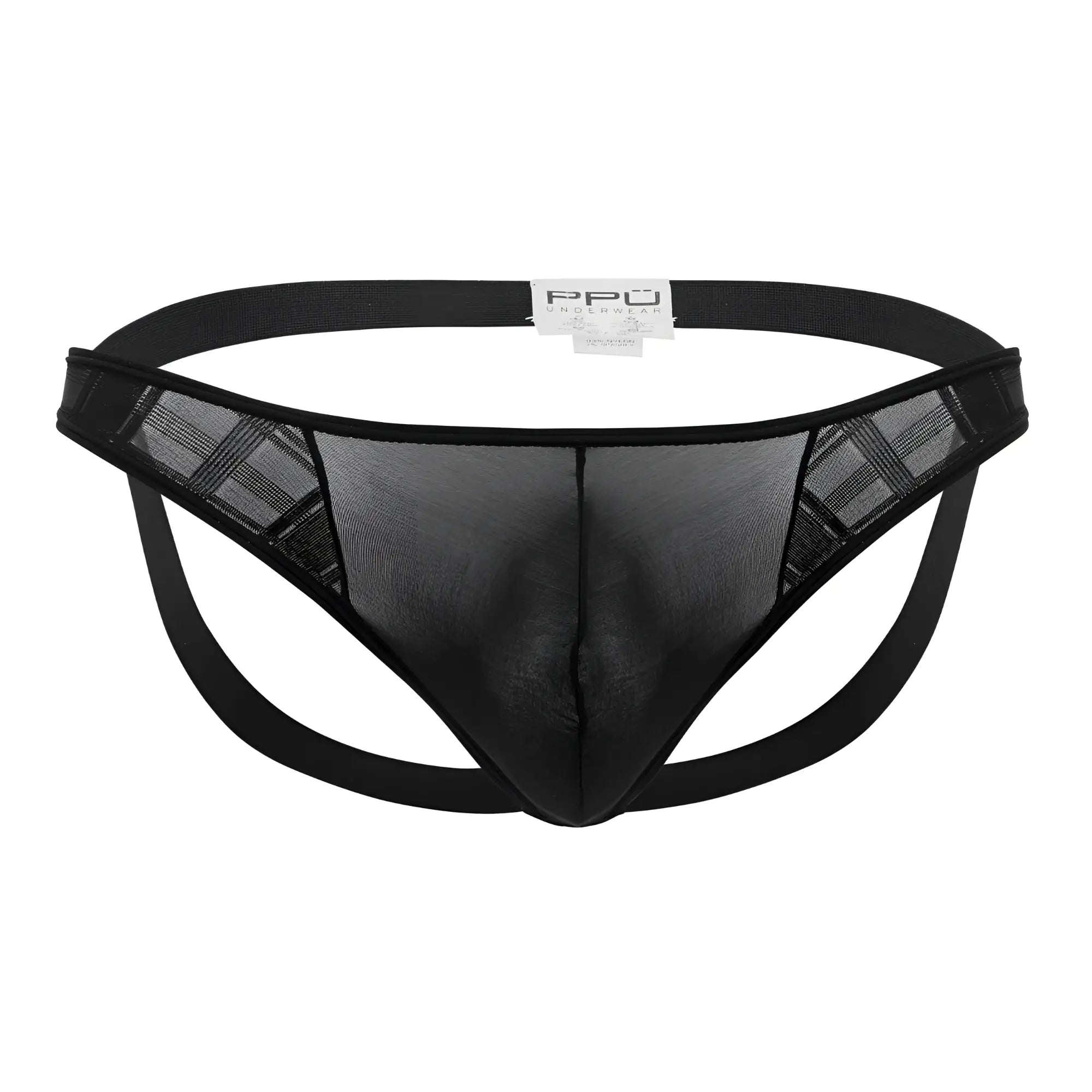 Black microfiber jockstrap with mesh thong, solid elastic waistband, leg straps, and subtle plaid side panels