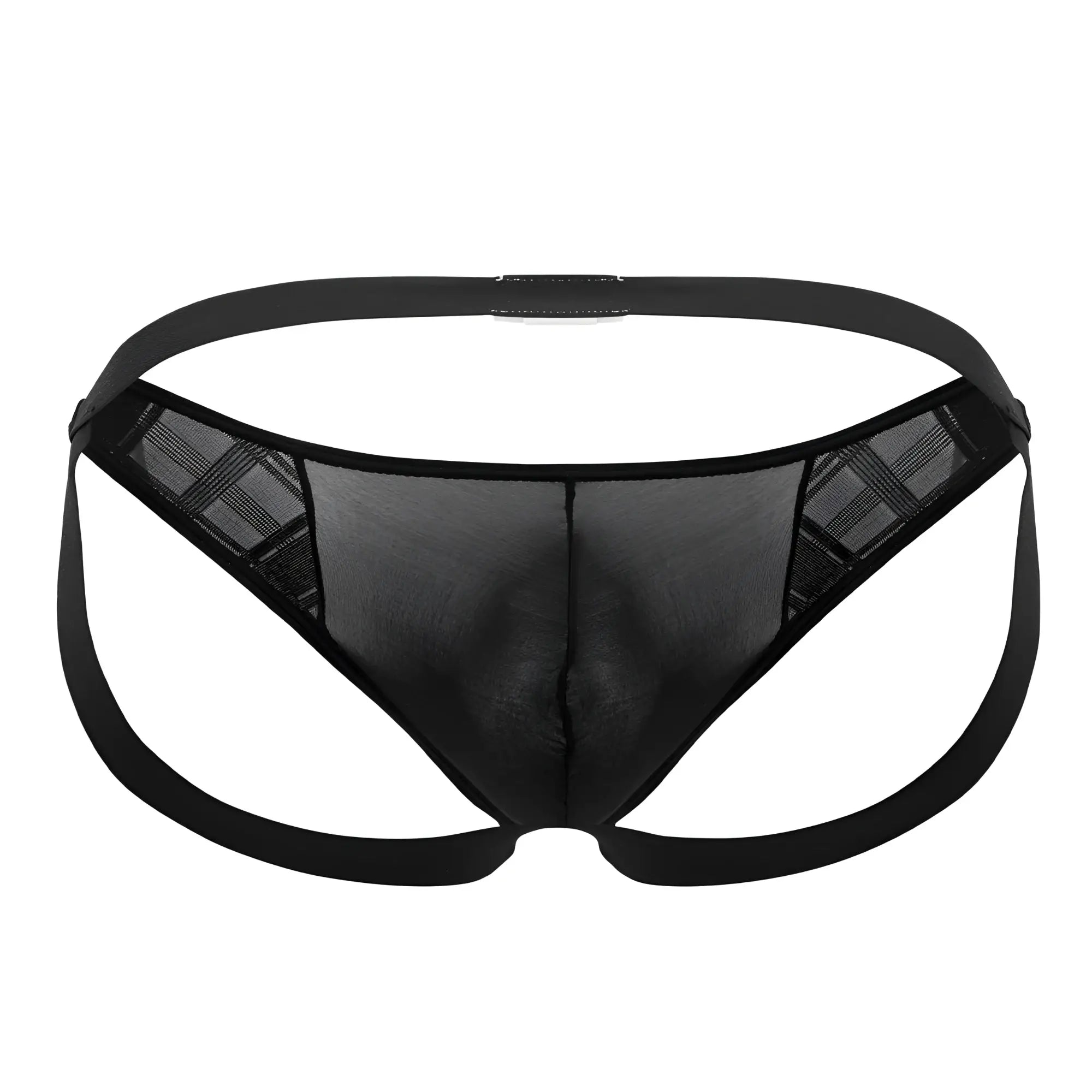Black sheer mesh microfiber jockstrap with plaid mesh sides and solid black elastic waistband front view