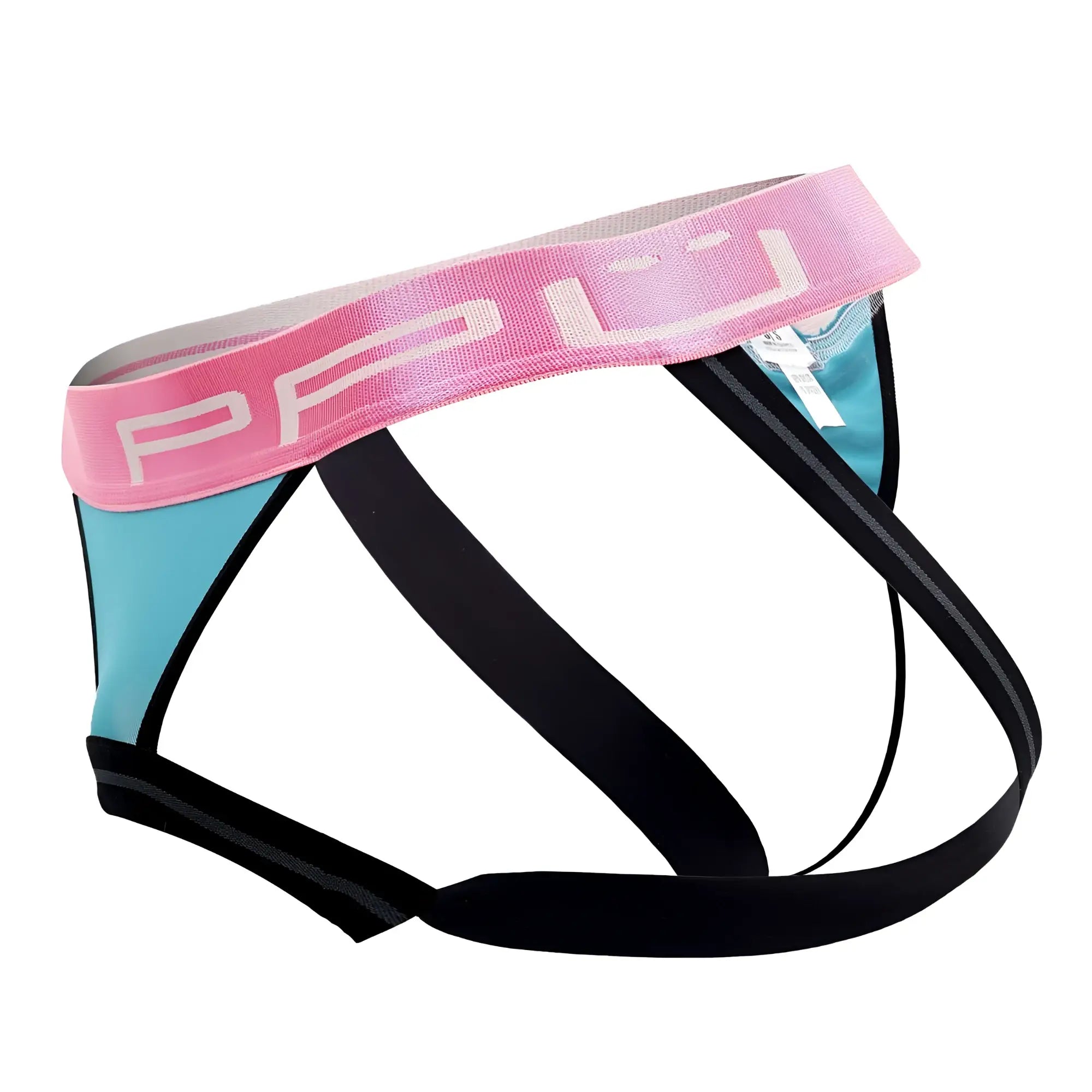 Pink and teal PPU 2310 ball lifter and thong jockstrap with black straps and branded waistband front view
