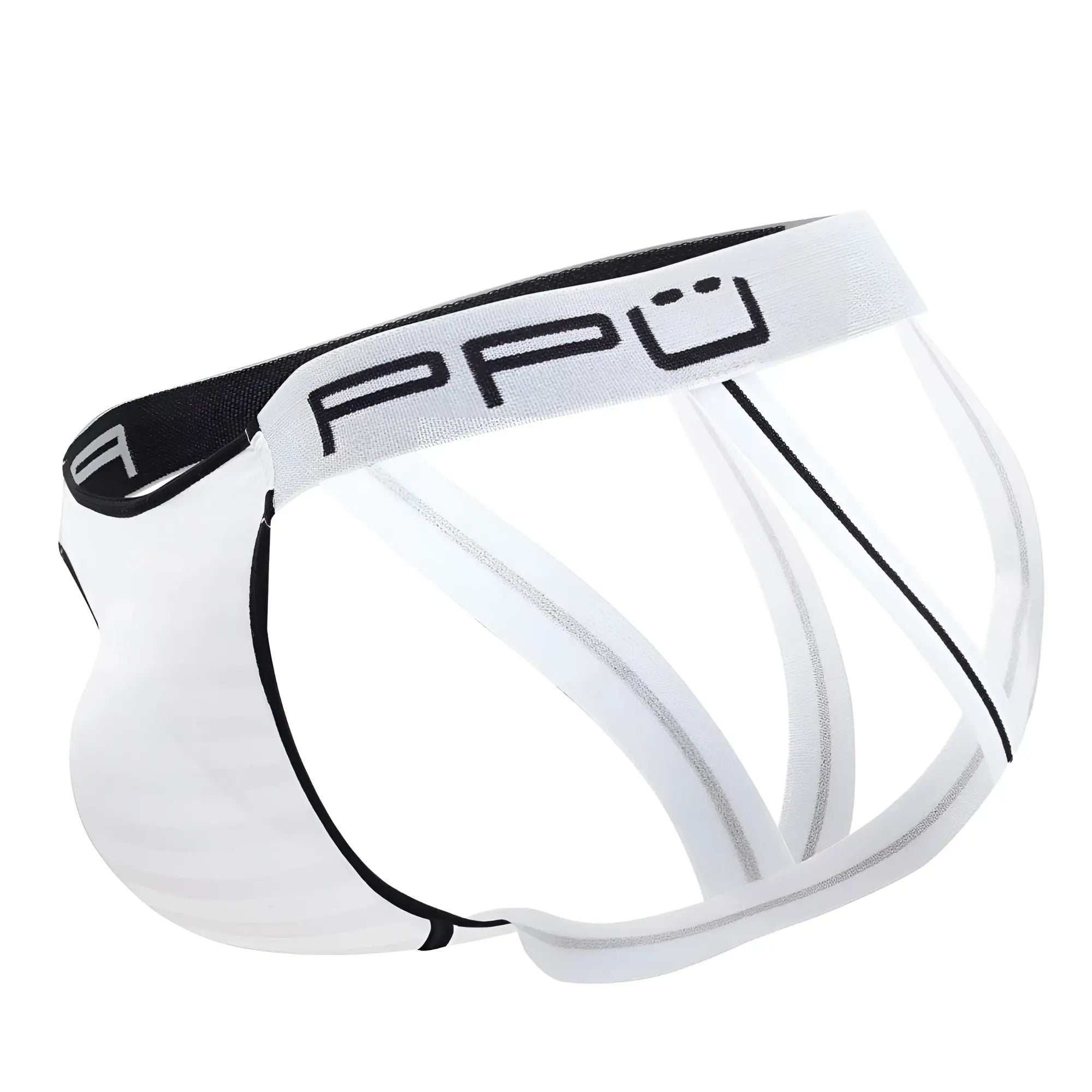 White ppu 2311 microfiber jockstrap with transparent mesh briefs black trim and logo in front view