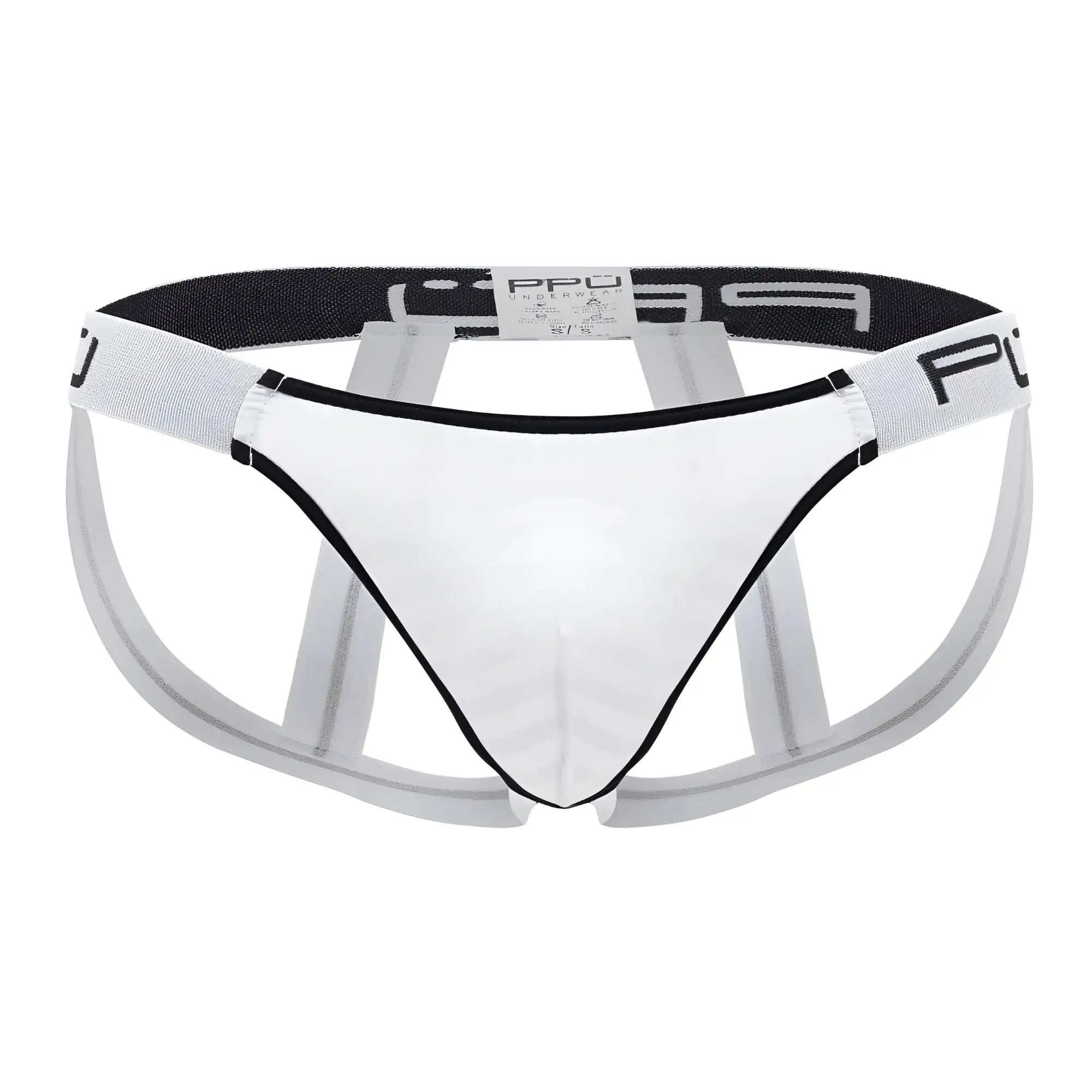Clear transparent men’s microfiber briefs with black trim and white elastic waistband featuring ppu logo