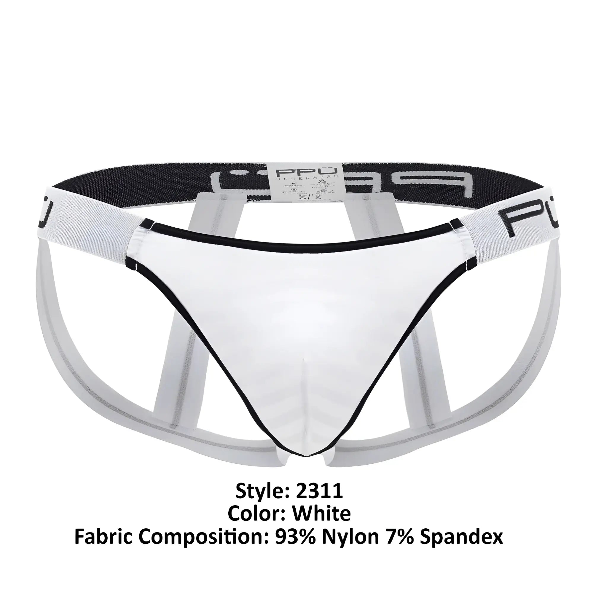 White mens microfiber jockstrap ppu 2311 with black trim and supportive open back design shown from the back side