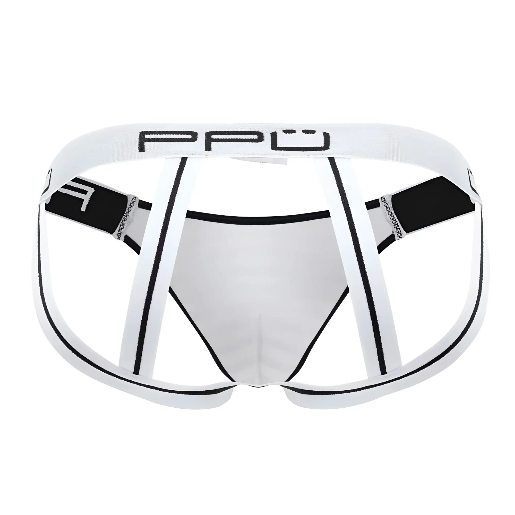 White ppü microfiber jockstrap with black trim and side straps designed for men in style ppu 2311