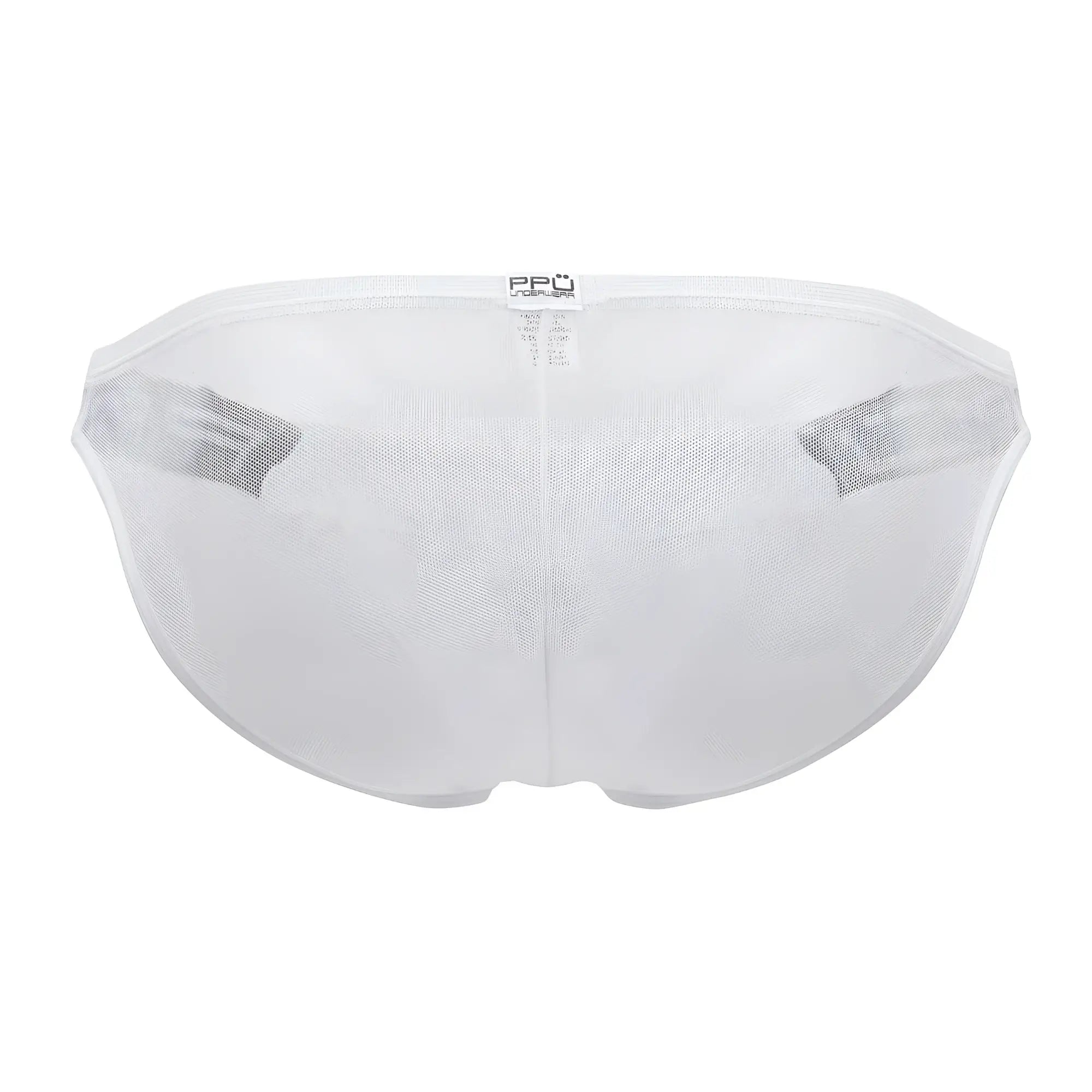 White mesh bikini briefs with black elastic side bands and a small brand tag on the waistband ppu 2312 mesh bikini color white