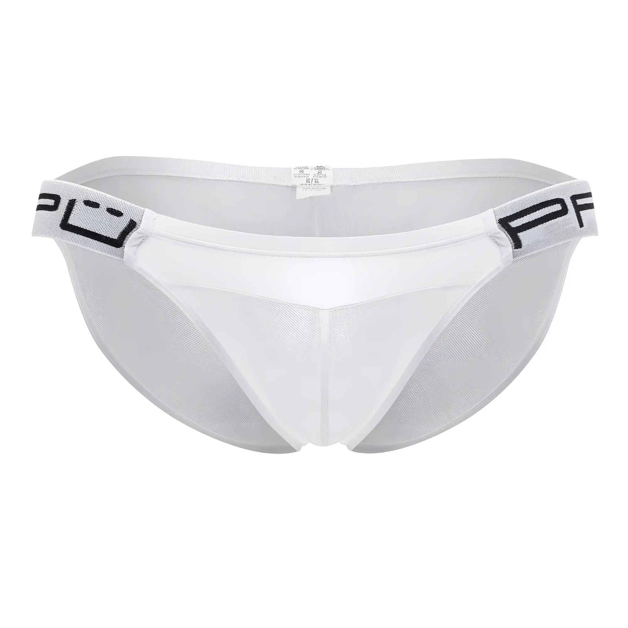 White mesh bikini briefs ppu 2312 with black logo trim on waistband made of breathable mesh fabric