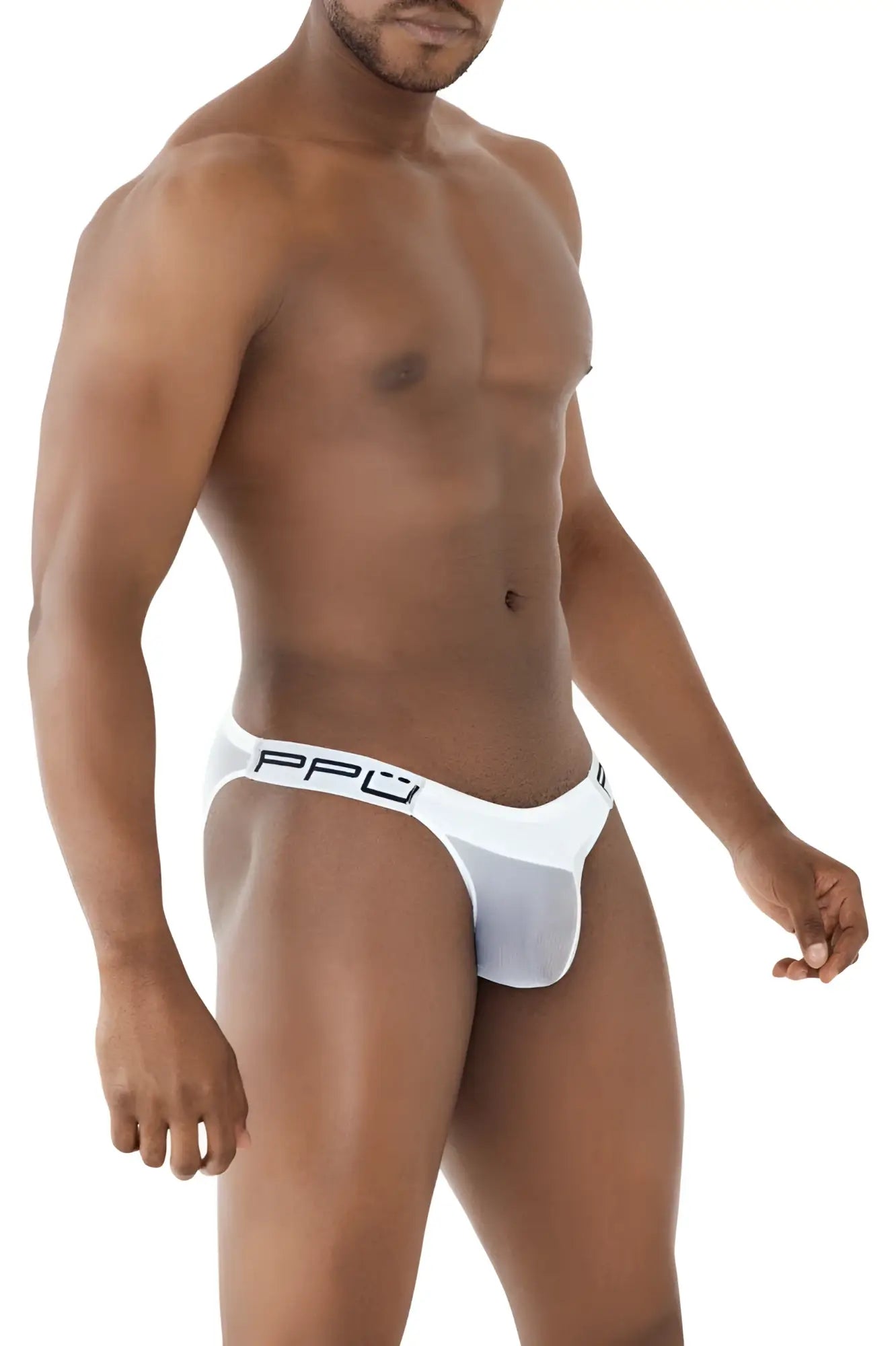 White men’s briefs ppu 2312 mesh bikini in white with black ppo logo on waistband made from breathable mesh material