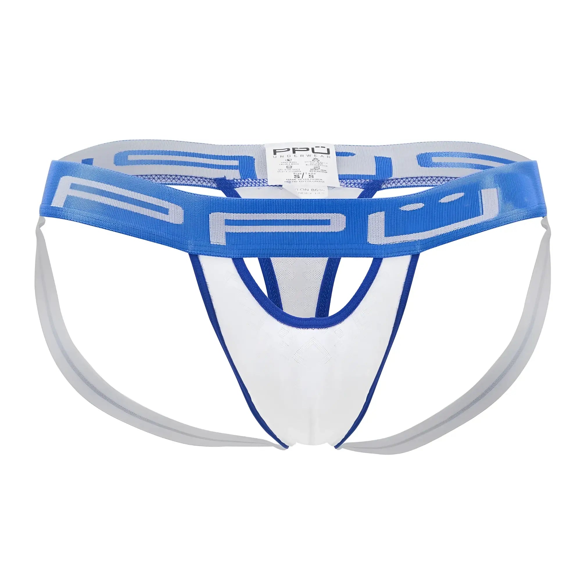 White and blue athletic brief with mesh design and ppu waistband from ppu 2313 peek-a-boo jockstrap color white