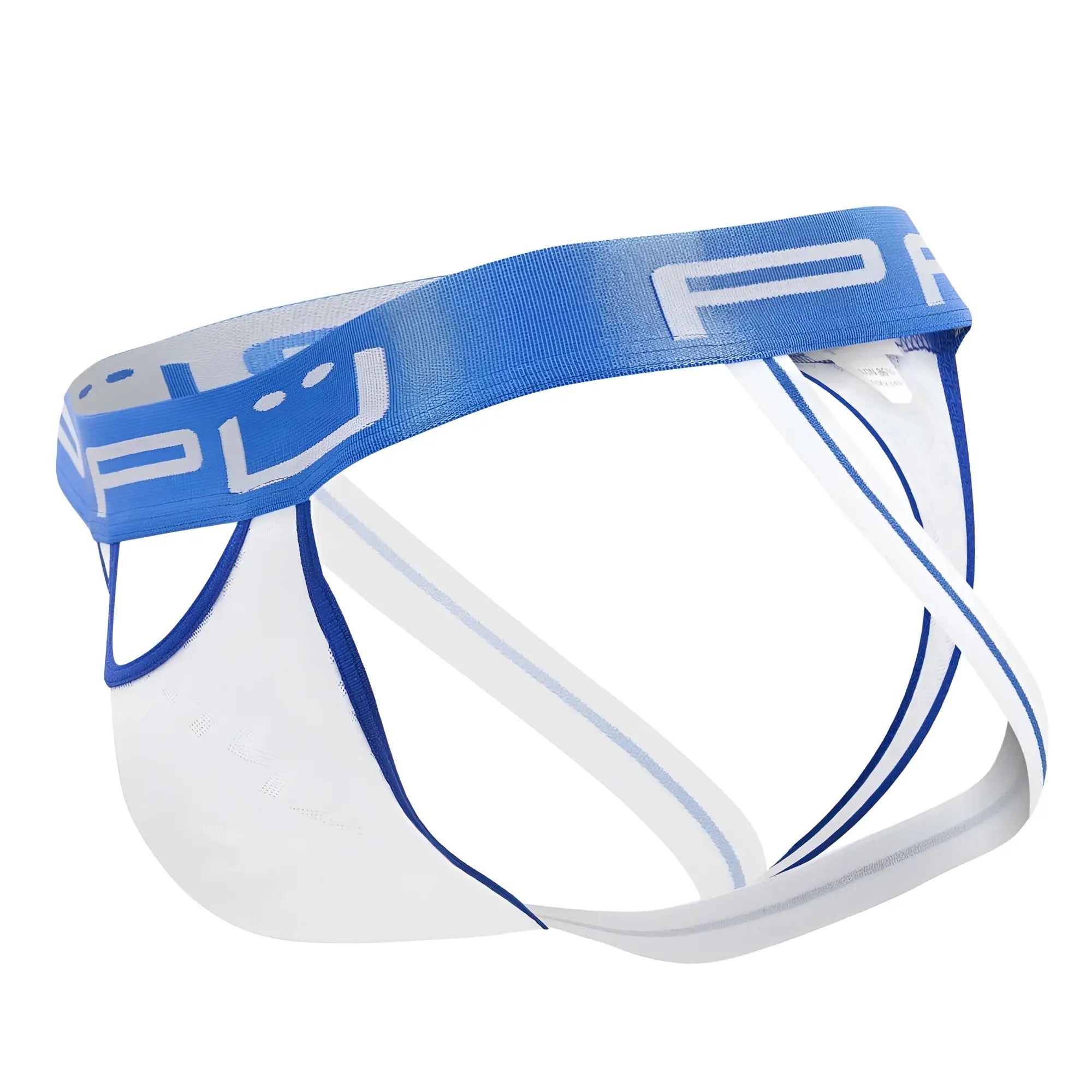 Blue and white ppu 2313 peek-a-boo jockstrap with branded elastic waistband and athletic-style briefs front view