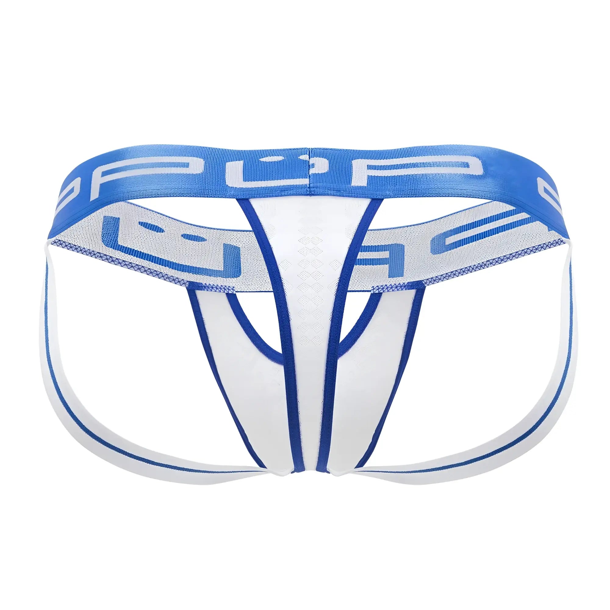 White and blue ppu 2313 peek-a-boo jockstrap briefs with mesh panel and brand logo