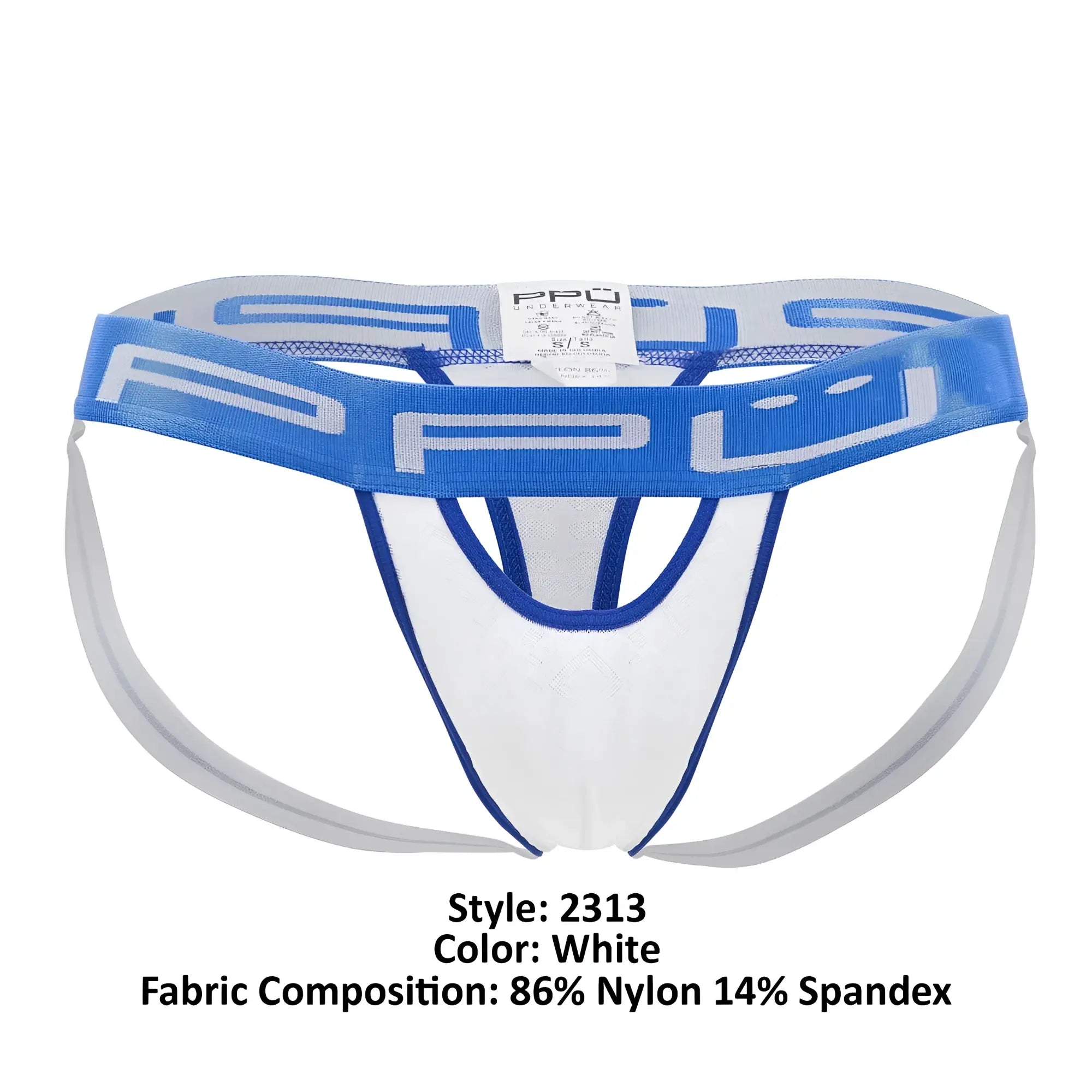White and blue athletic-style ppu 2313 peek-a-boo jockstrap with mesh waistband and ppu logo
