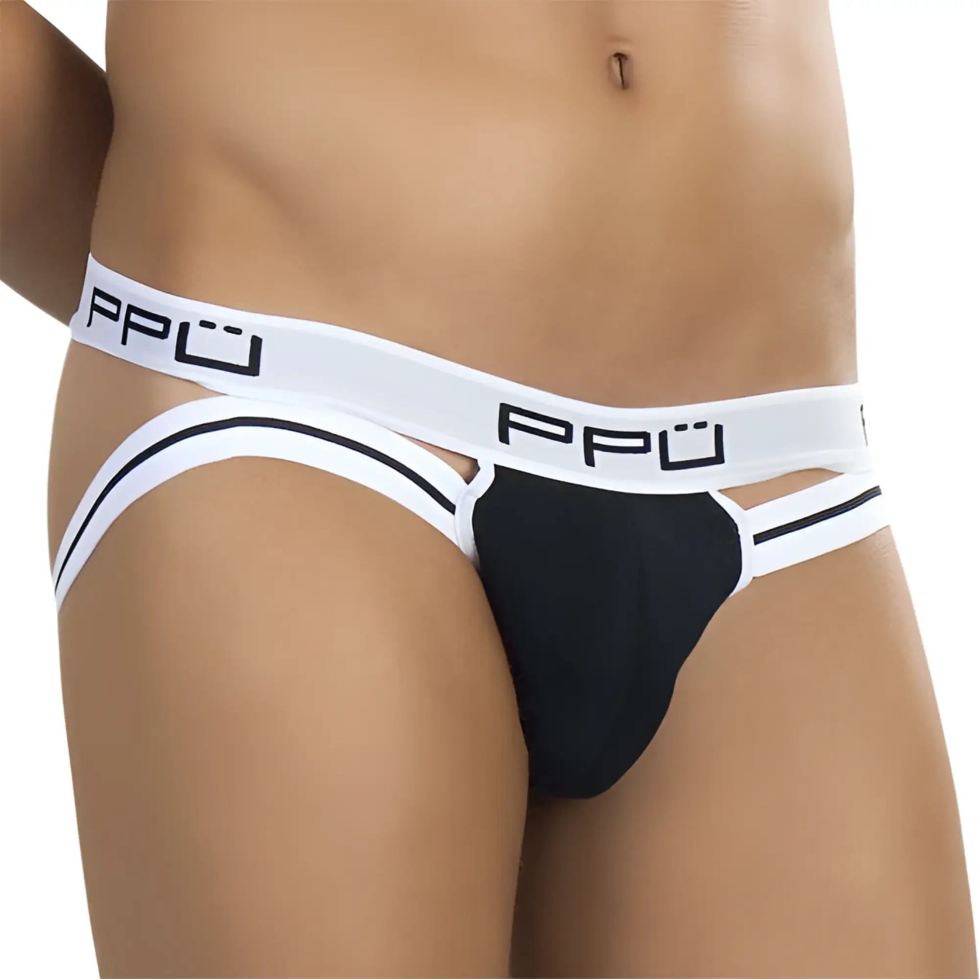 Ppu cut out stripe jock strap underwear in white and black with cut-out design size m showing back side