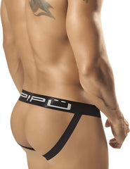 Black pipu briefs with minimalist design and white logo waistband ppu wile jock strap underwear size l