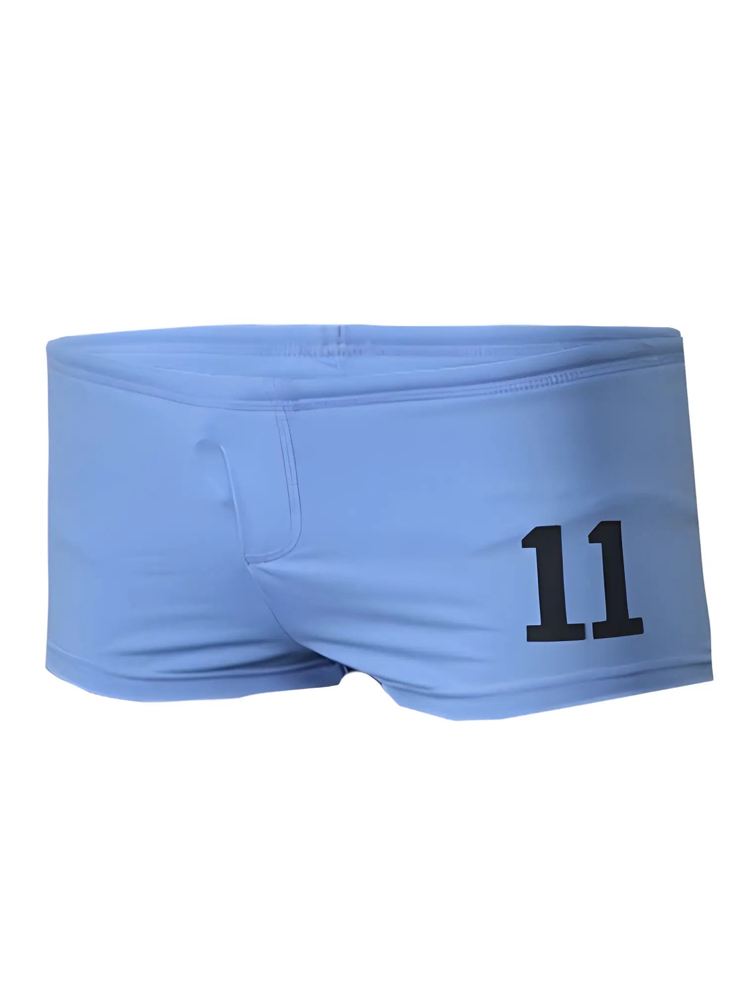 Light blue pride 11 brief swim trunks with bold black number 11 printed on the side for beachwear use