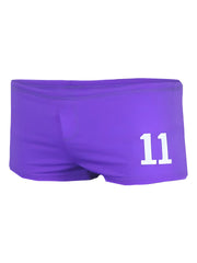 Purple pride 11 brief athletic shorts with white number 11 printed on the side for sports and active wear