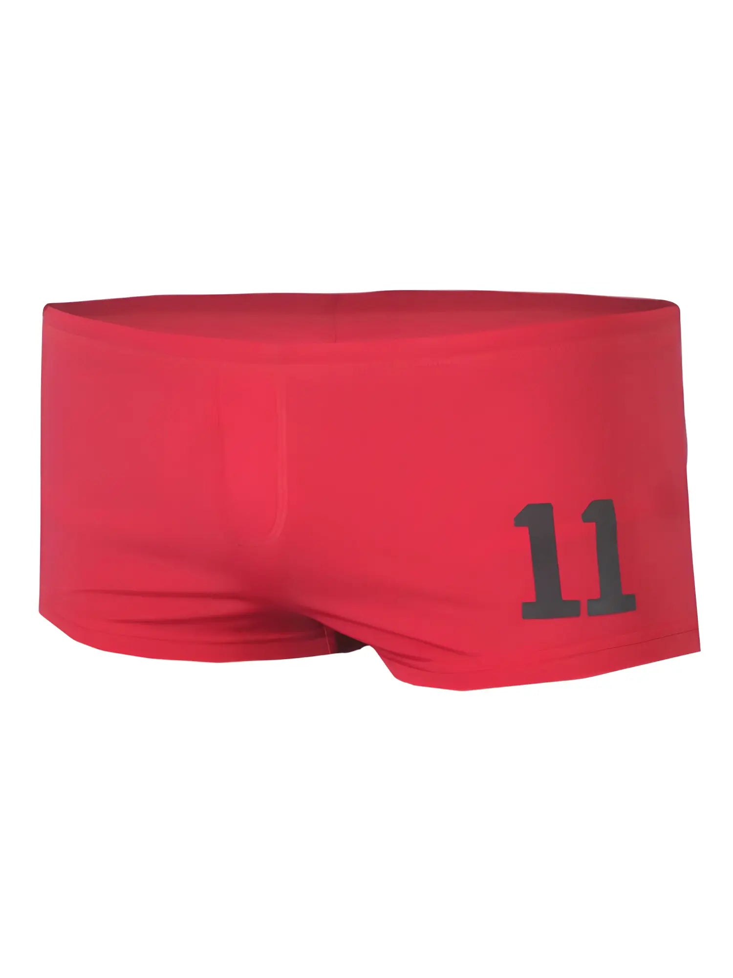 Red swim trunks pride 11 brief featuring black number 11 on the side for swimming and beachwear