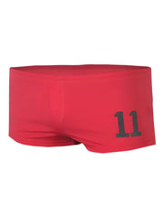 Red swim trunks pride 11 brief featuring black number 11 on the side for swimming and beachwear