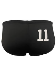 Back side of black pride 11 swim brief with bold white number 11 embroidered for athletic use