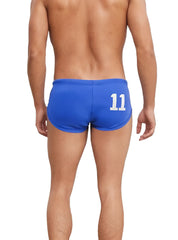 Back view of pride 11 swim brief blue athletic swim trunks with white number 11 for swimming and sports activities
