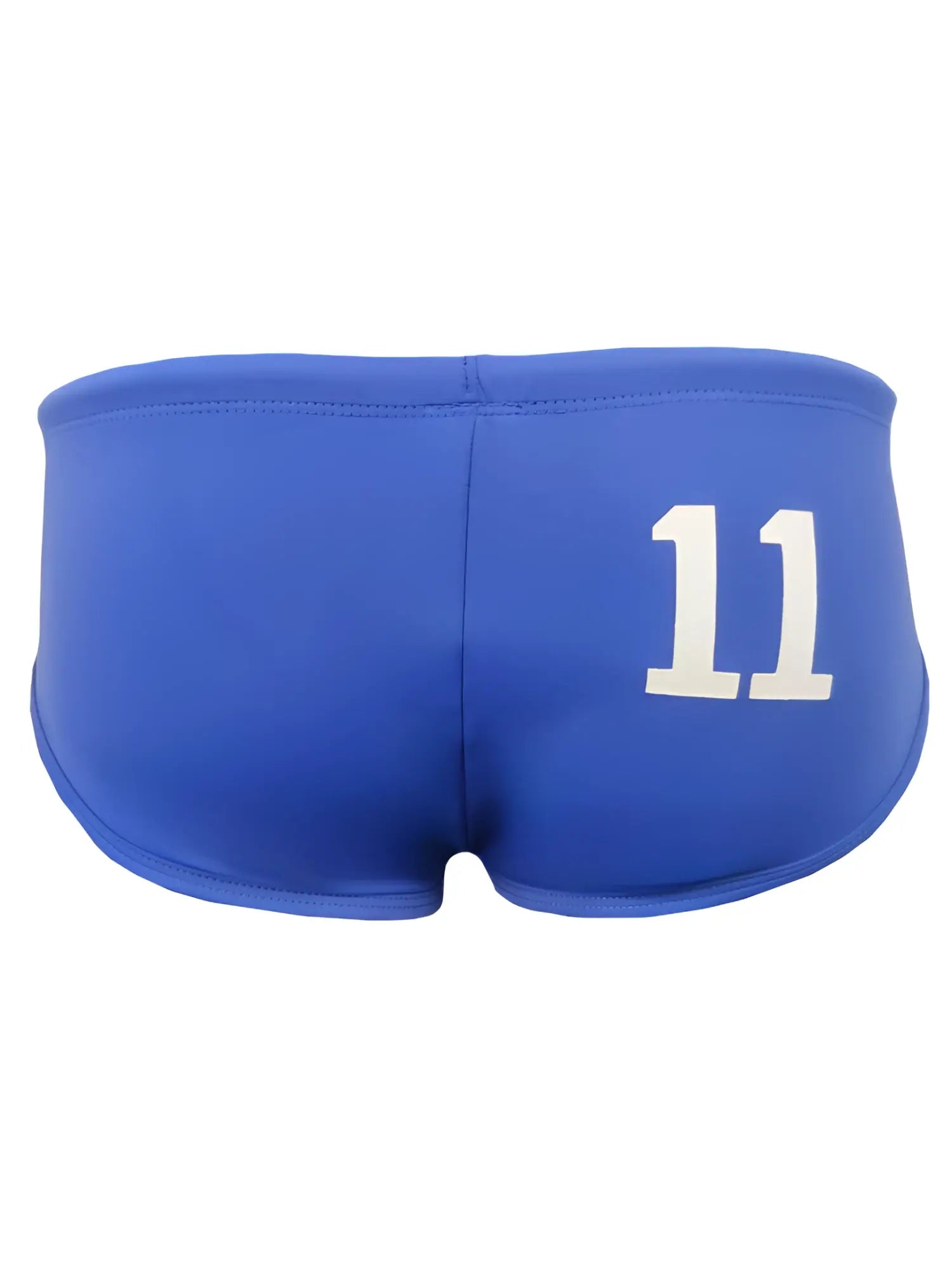 Bright blue pride 11 swim brief with bold white number 11 printed on the back side for athletic use