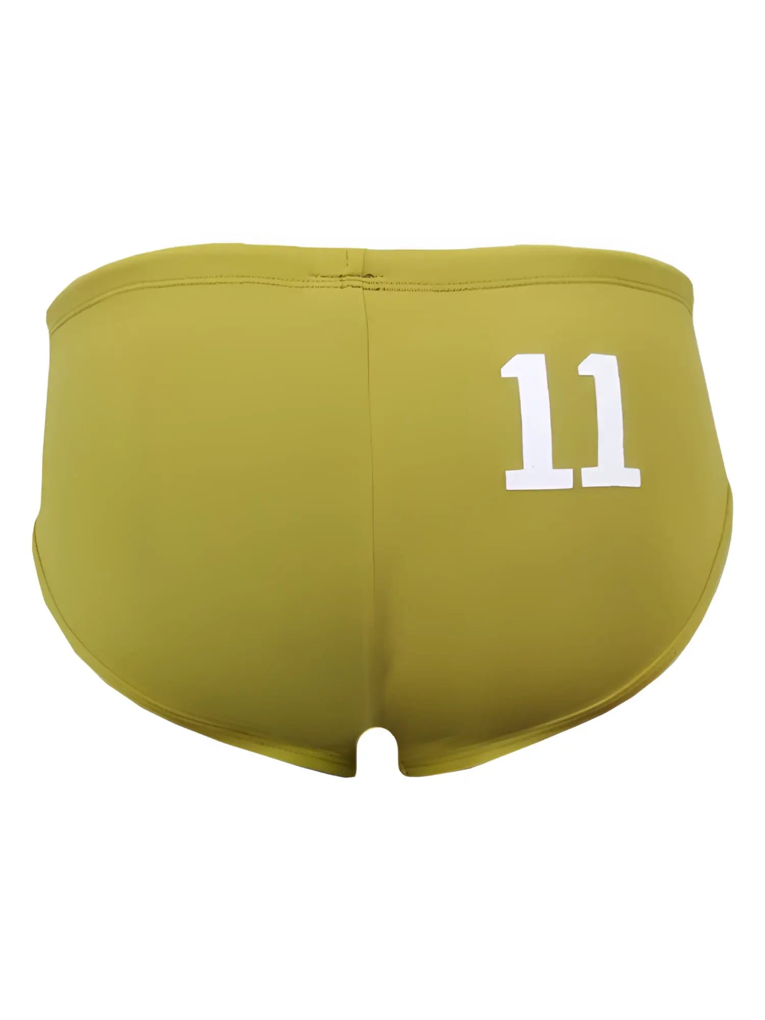 Olive green pride 11 swim brief showing the back with white number 11 printed on lightweight swim fabric