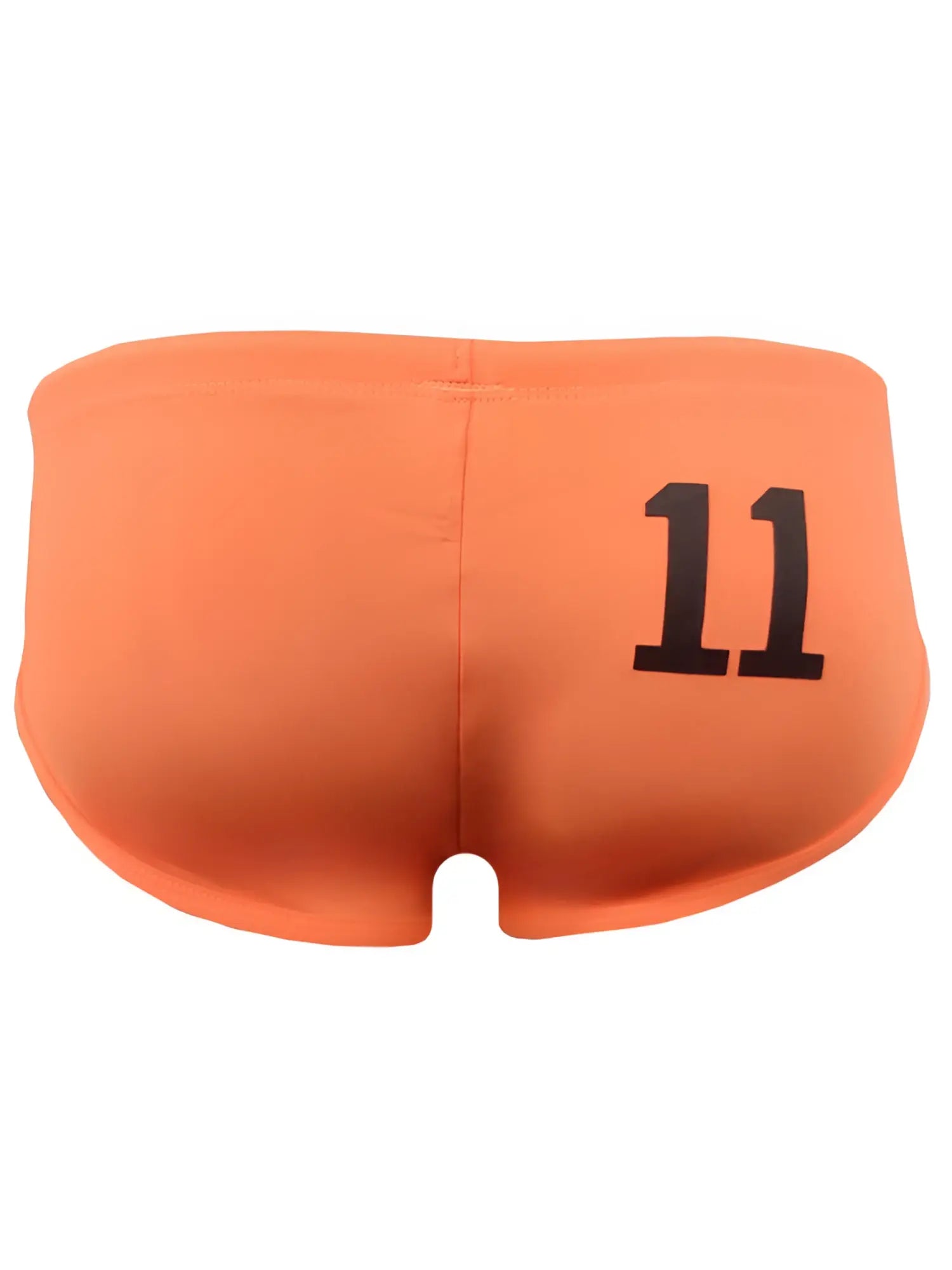 Back view of pride 11 swim brief orange athletic shorts with black number 11 printed on the back