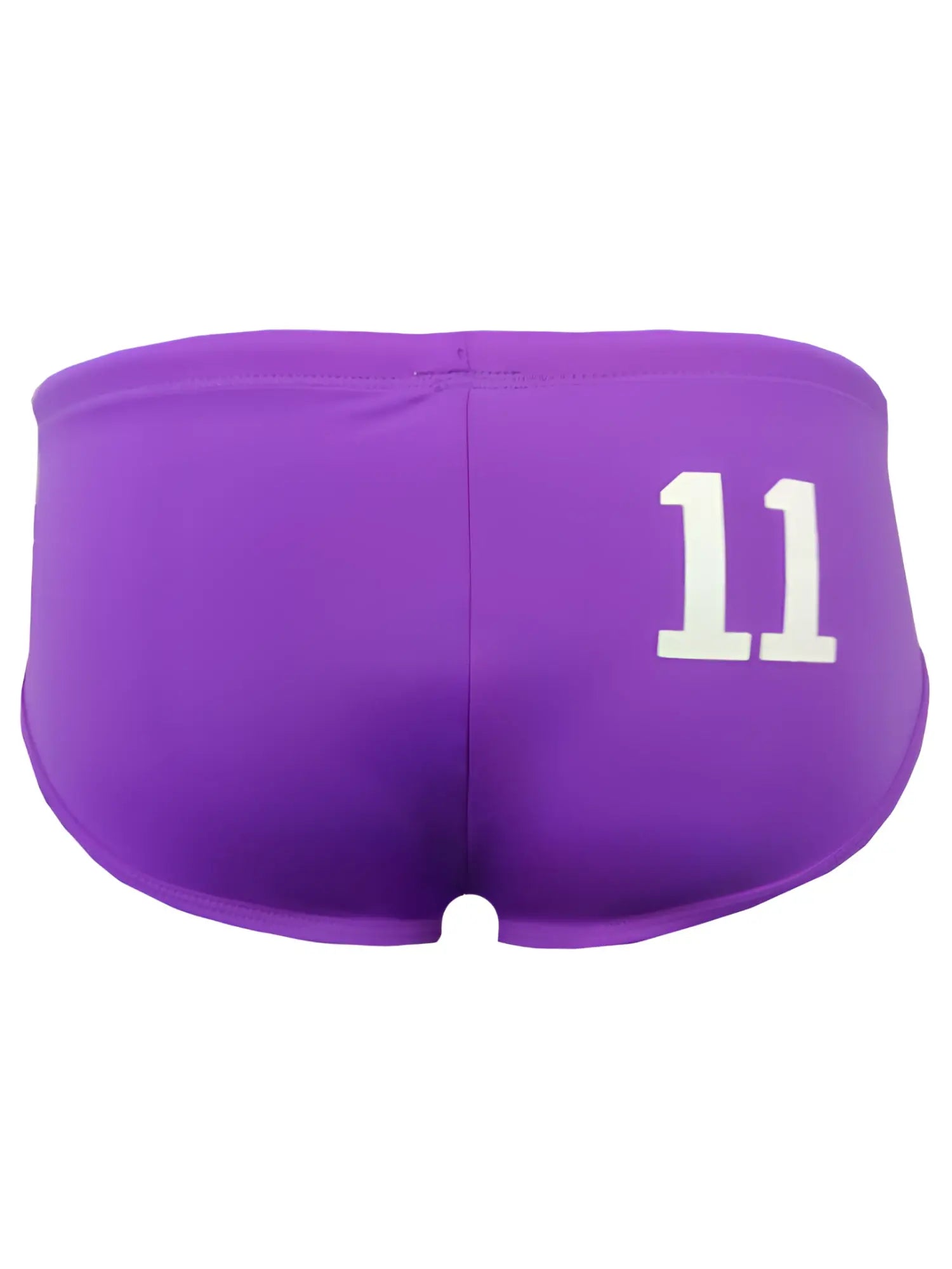 Back view of purple Pride 11 swim brief with white number 11 printed on the athletic swim shorts