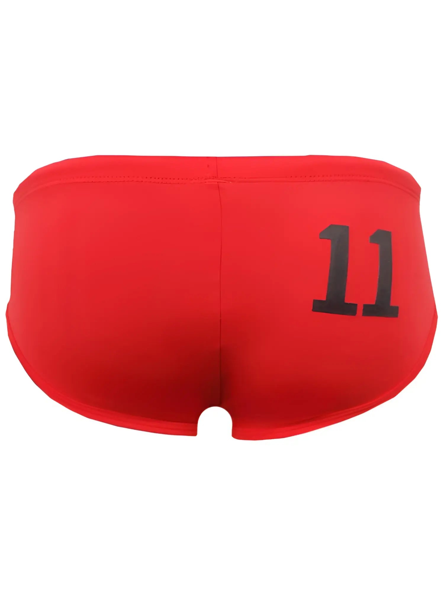 Red swim brief pride 11 with black number 11 printed on the side for swimming and beachwear