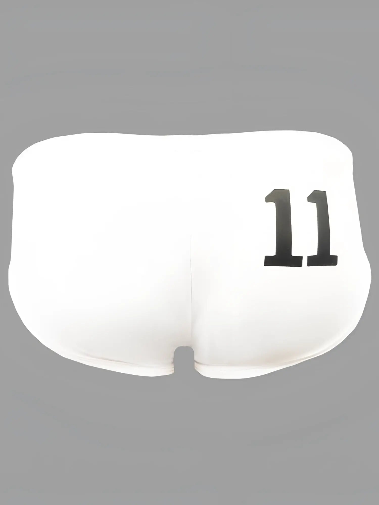 White briefs swim brief showing the back with black 11 printed on the fabric for pride 11 collection