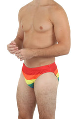 Pride bikini rainbow-striped swim trunks featuring vibrant red orange yellow green blue and purple hues
