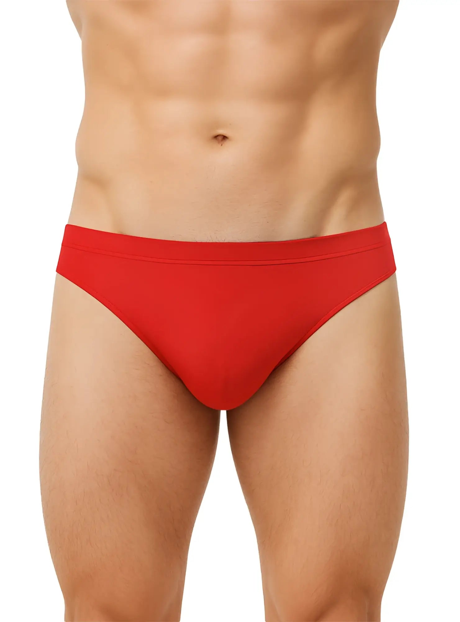 Red pride bikini briefs made of smooth stretchy fabric with a simple solid design shown from the back side