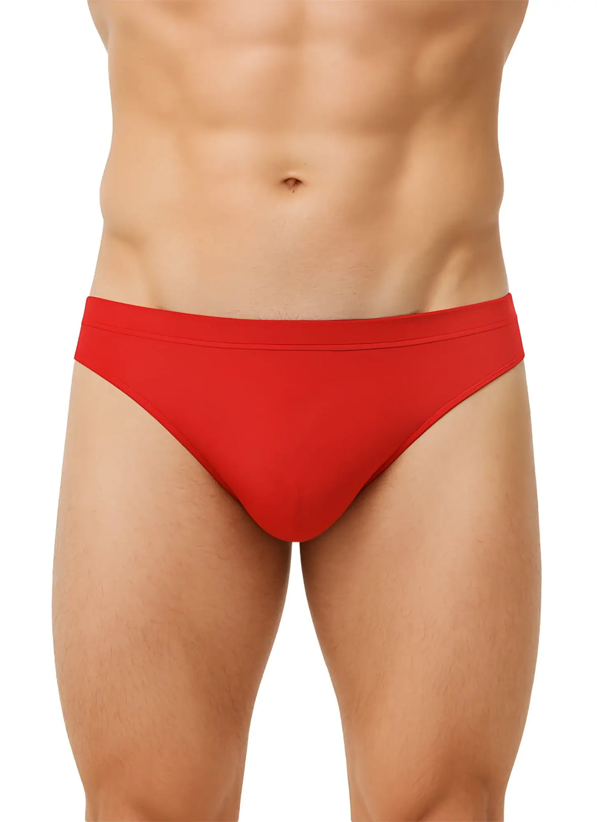 Red pride bikini briefs made of smooth stretchy fabric with a simple solid design shown from the back side