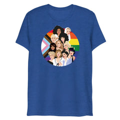 Blue heathered t-shirt with circular graphic of diverse drag queens on rainbow pride flag for pride divas